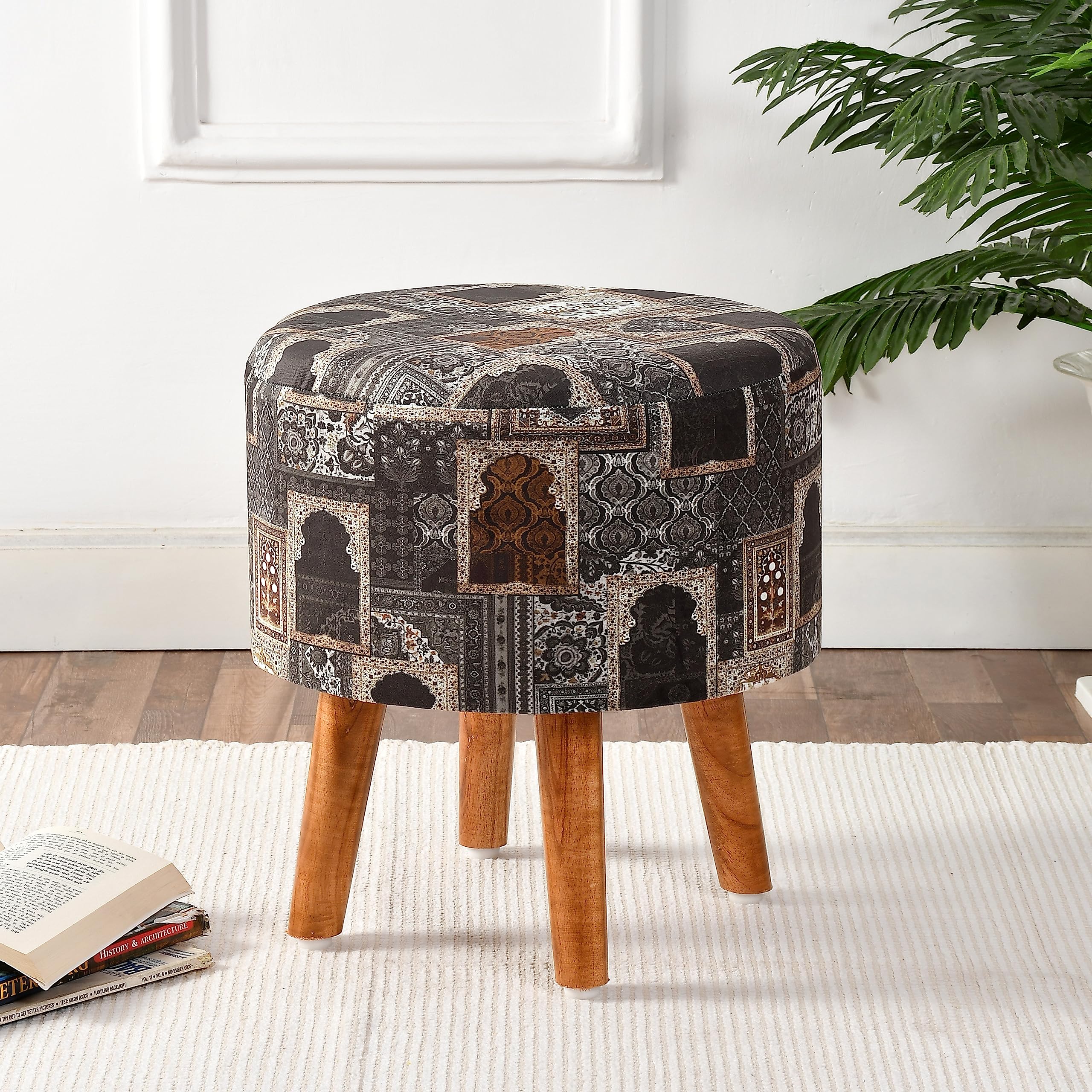 NACIA Printed Ottoman Stool 16x16x17 Inches, Upholstered Foam Cushioned Pouffes for Living Room | Puffy Muddha Stool for Footrest & Sitting, Velvet Pouf Stool, Furniture for Home Decor, Office, Black discount deal