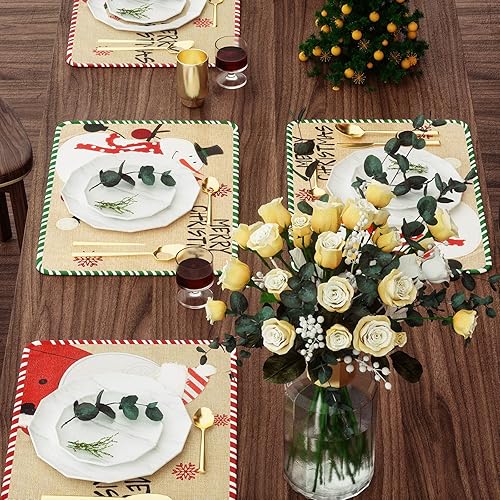 Miniatura 9 de Juego de 4 manteles individuales de Navidad, manteles individuales de lino de arpillera con estampado de árbol de Navidad de copo de nieve, Papá