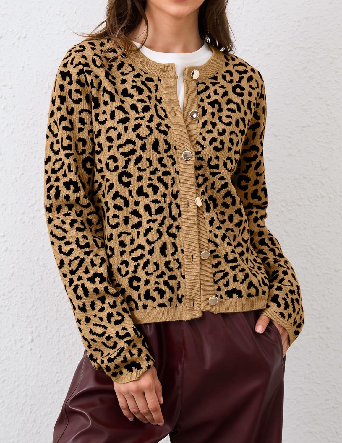 Leopard Cardigan Long Sleeve Open Front Button Up Cheetah Print Top Leopard Sweater Coat Cropped Cardigan Jackets - Image 2