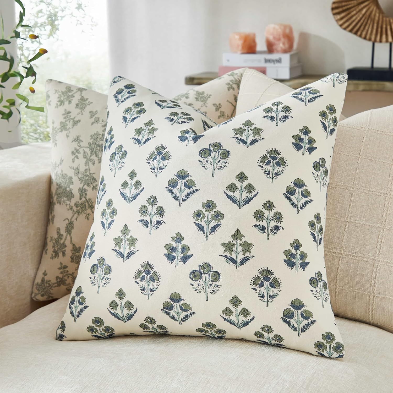 100% Cotton Floral Pillow Covers Set of 2, Double Sided Block Print Boho Decorative Throw Pillow Cases, Farmhouse Style Cushion Covers for Home Decor, 22x22 Inches Olive