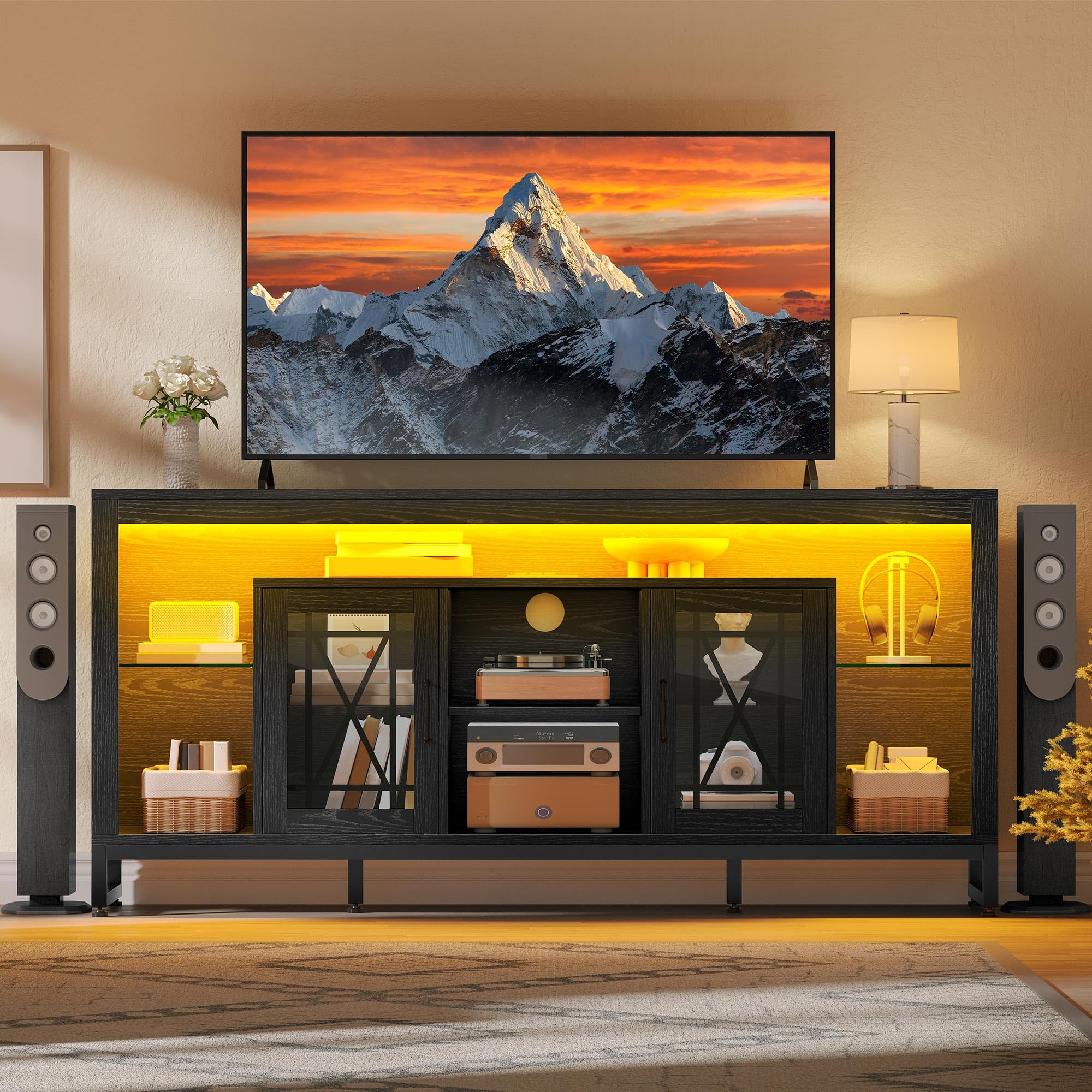 YITAHOME 33.5'' Tall TV Stand for 75 inch TV, LED Entertainment Center with Storage, Black TV Stands for Living Room with Acrylic Doors & Power Outlets, Tall TV Console Cabinet, Black