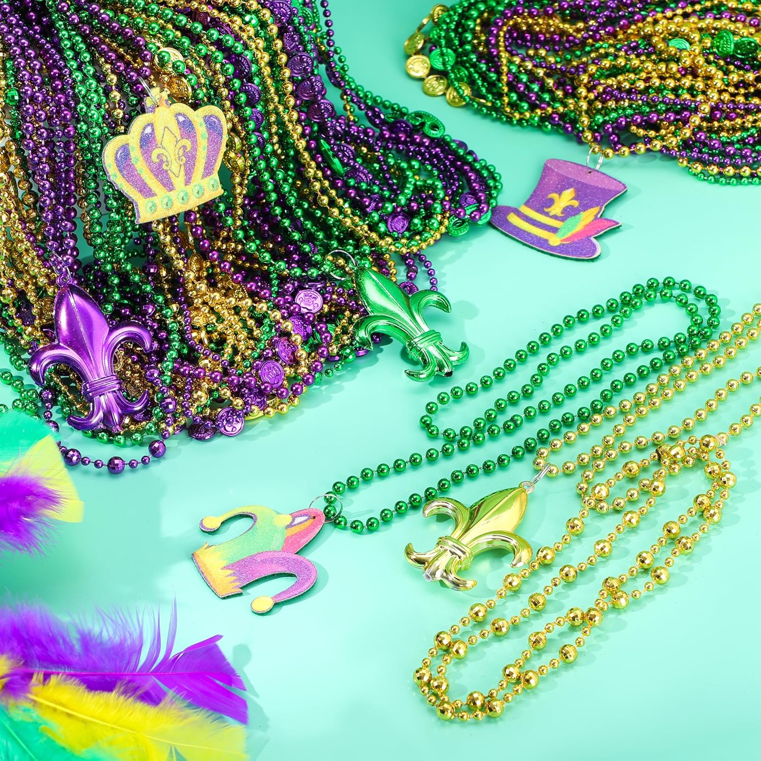 JOYIN 72 Pcs Mardi Gras Bead Necklaces, Gold Green Purple Metallic Colors Bead Necklaces Set for Mardi Gras Party Decorations, Costume Accessories Favors
