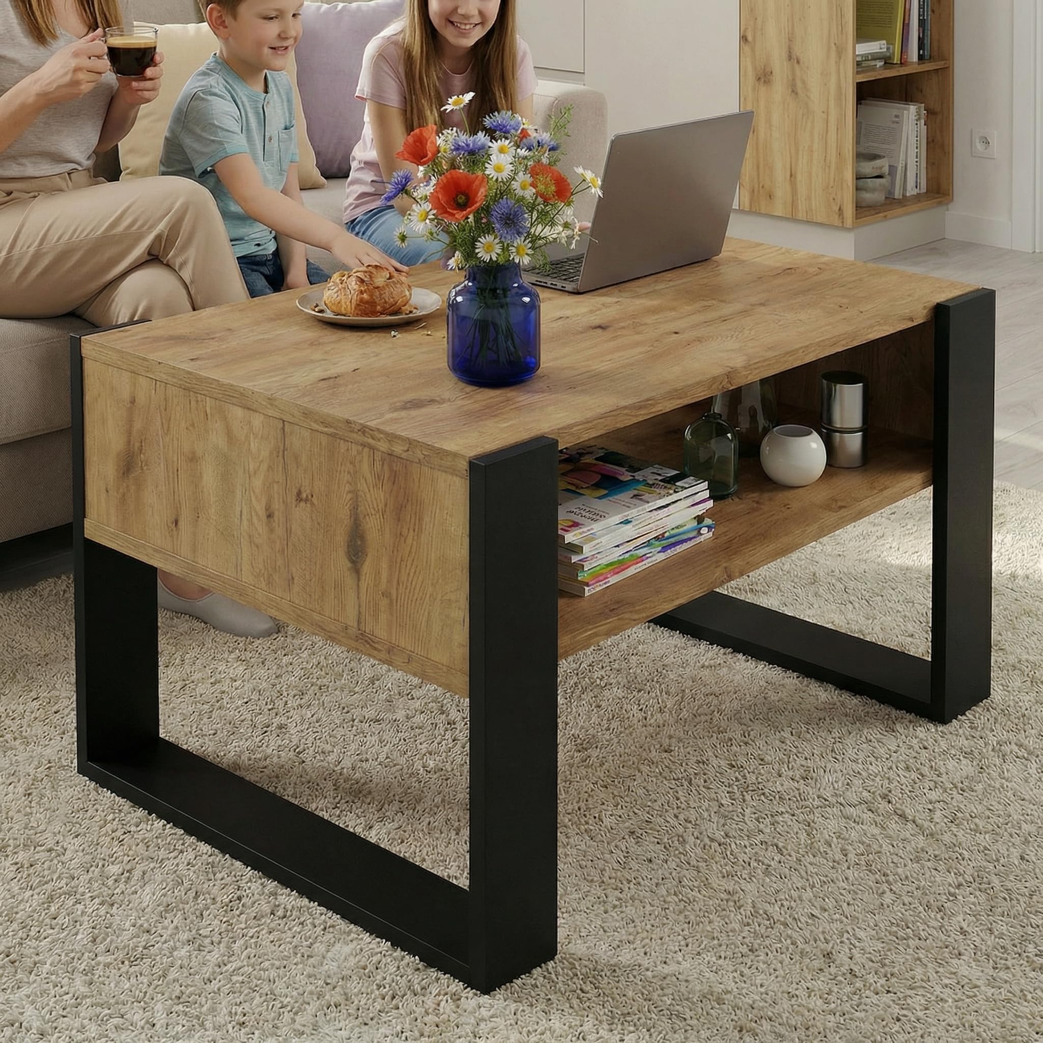 CraftPAK Wohnzimmer Tisch für Couch aus hochwertigem Holz, moderner Couchtisch mit zusätzlicher Ablagefläche, Sofatisch für Wohnzimmer, Farbe Retro-Schwarz