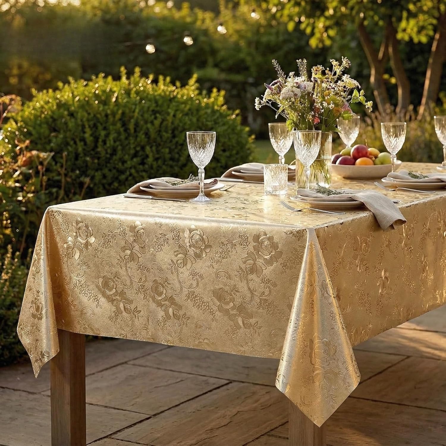 FAVE Gold Tablecloth Waterproof PVC Table Cover Wipeable Easy Clean for Kitchen Dining Table, Golden Rose Pattern 55x78 Inches for Wedding Banquet Birthday Party Restaurant Decors