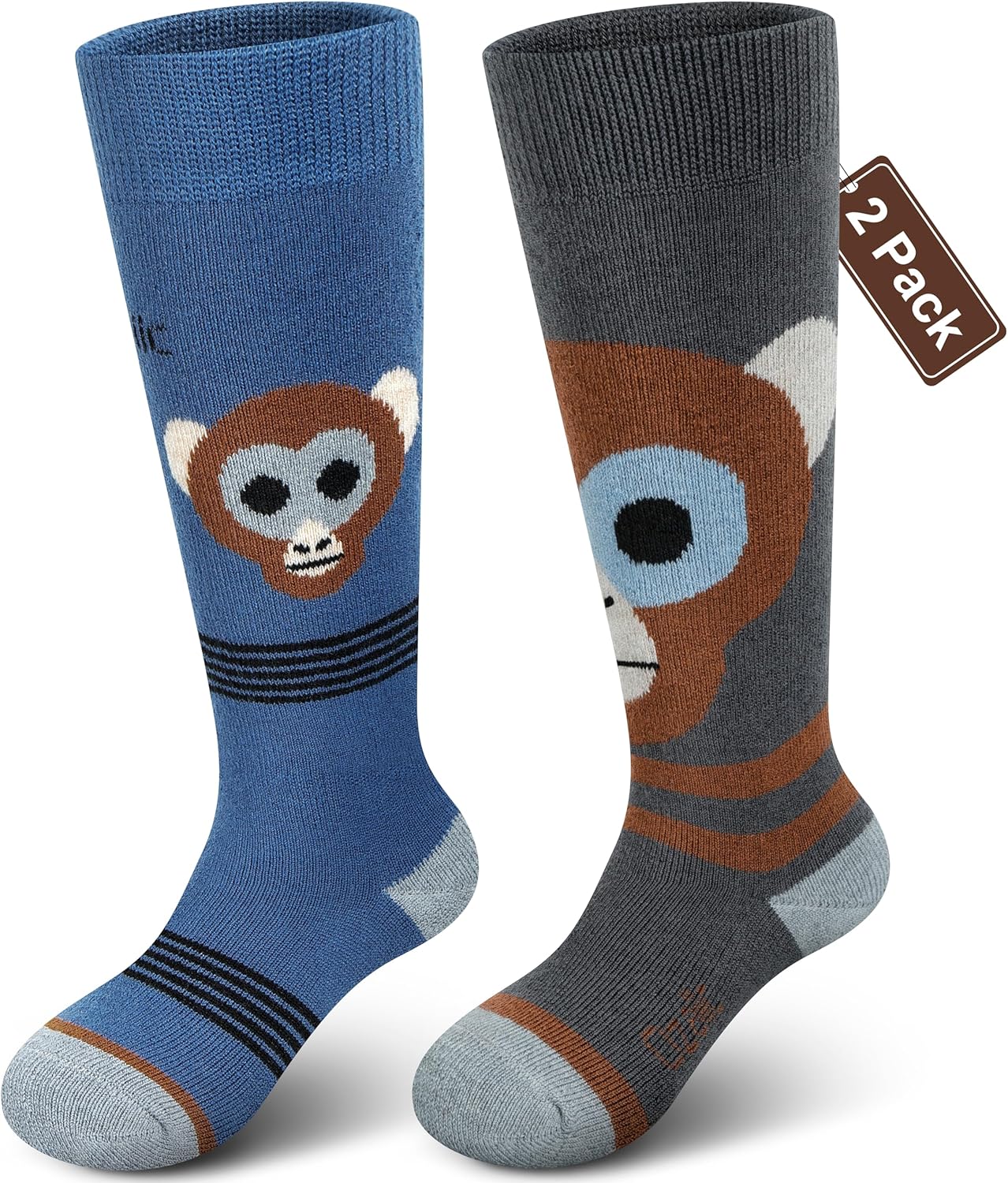 Merino Wool Ski Socks Kids 2 Pairs, Winter Warm Knee High Snowboarding Thermal Skating Socks for Boys Girls Toddlers