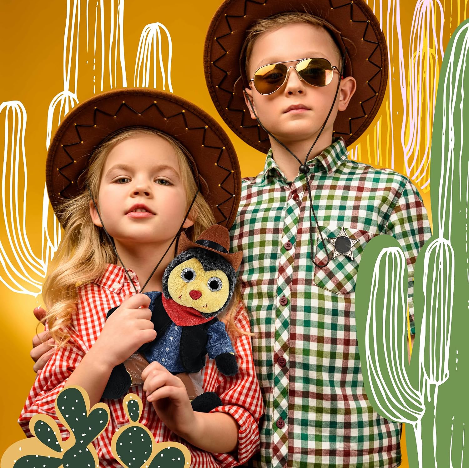 DolliBu Sitting Bee Stuffed Animal Cowboy Plush with Name Personalization - Western-Themed Bee Plush with Cute Cowboy Costume Denim Shirt Vest, Bandana, Leather Pants, and Hat - 7 Inches