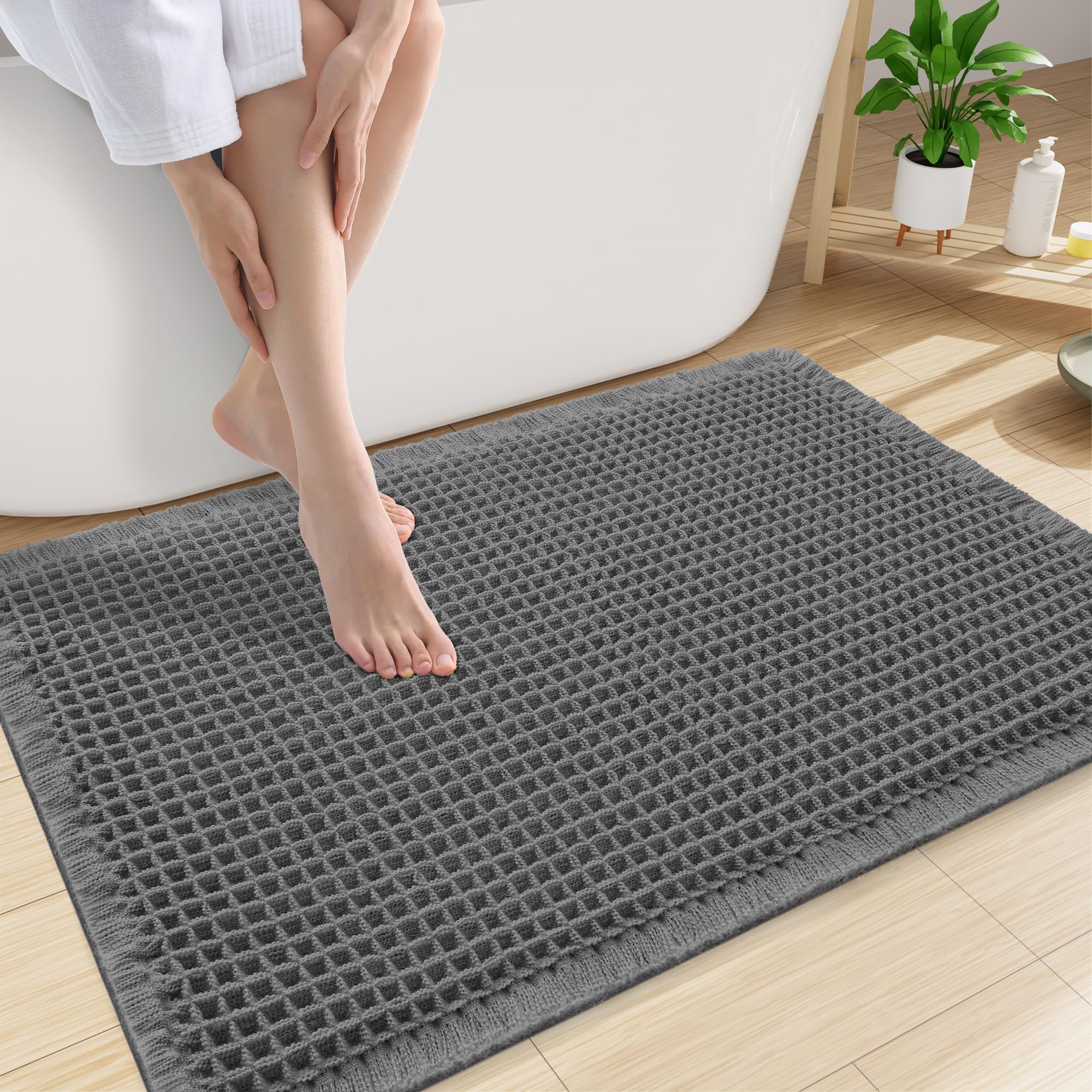 Smiry Waffle Bath Mat 30X20, Extra Soft Absorbent Bathroom Rugs, Dark Grey