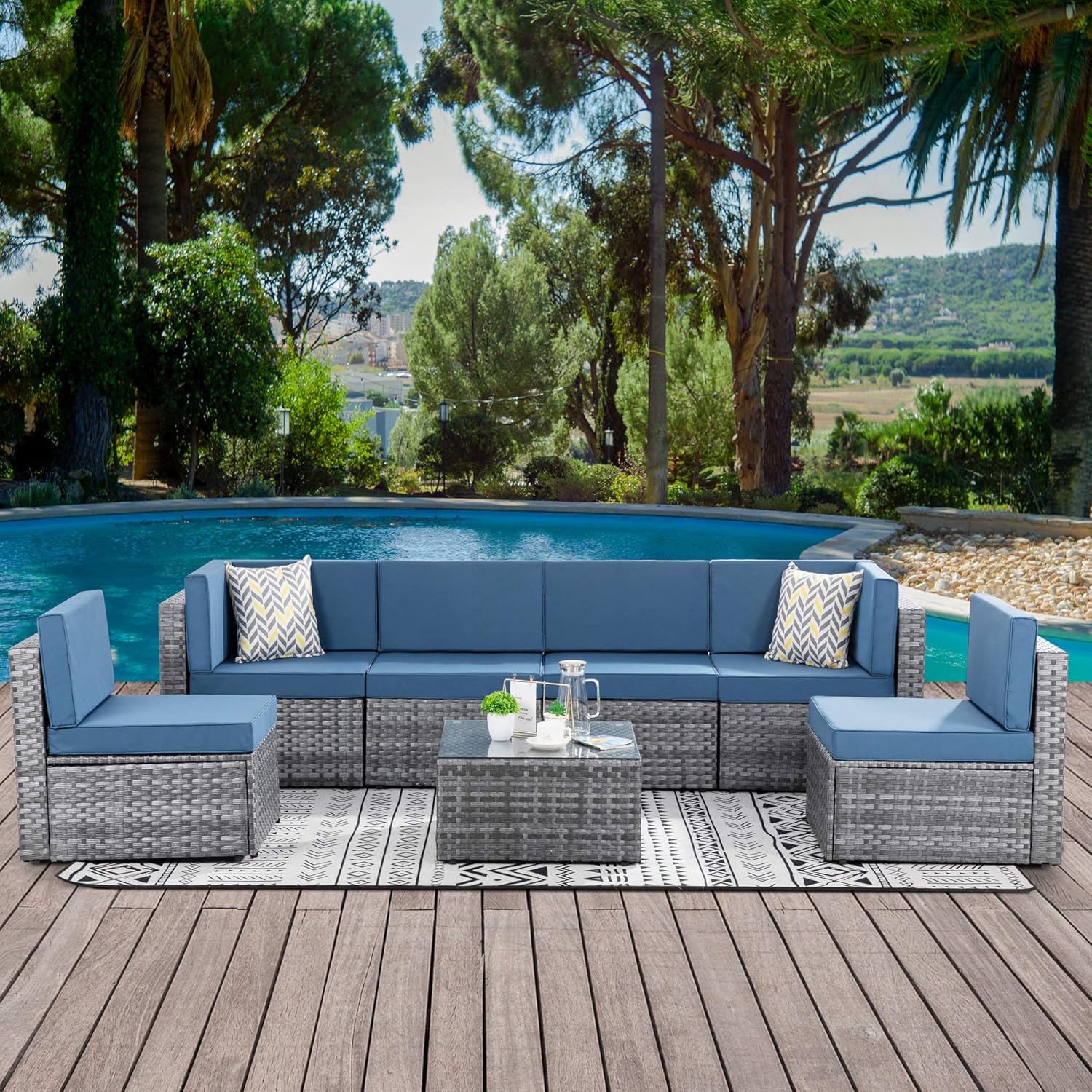 Walsunny 7 Piece Outdoor Patio Furniture Sets, PE Silver Gray Rattan Wicker Sectional Sofa Couch with Tea Table & Washable Cushions (Aegean Blue) : Patio, Lawn & Garden