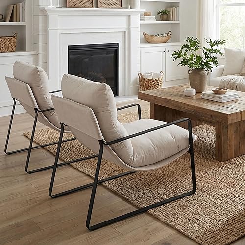 Miniatura 4 de LukeAlon - Sillas de acento modernas de lino, juego de 2, sillas tapizadas suaves para sala de estar con base de metal, cojín grueso removible,