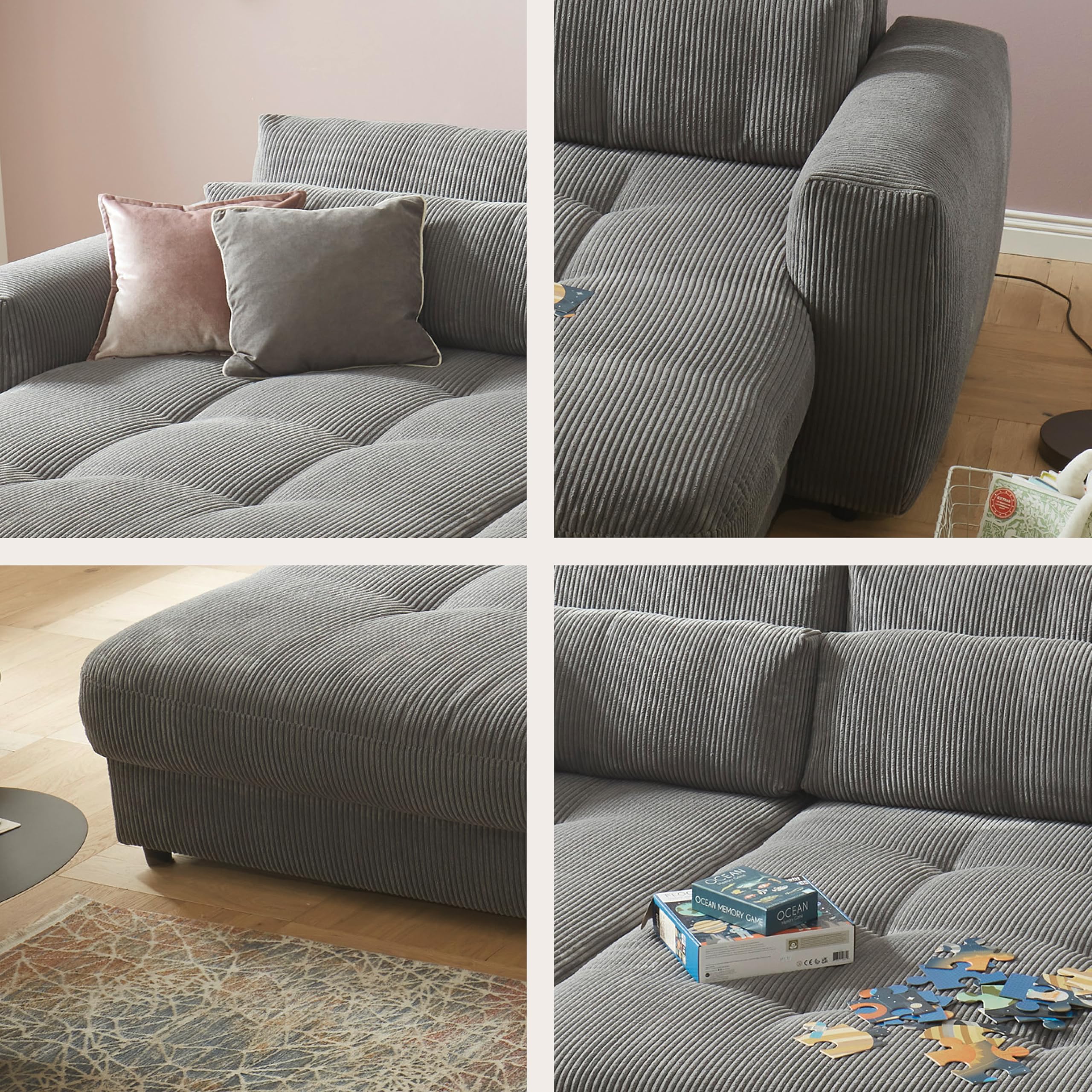 Big Sofa BARURA Cord dunkelgrau – XXL Couch mit großer Liegefläche, modernes Sofa 292x194 cm inklusive Nierenkissen
