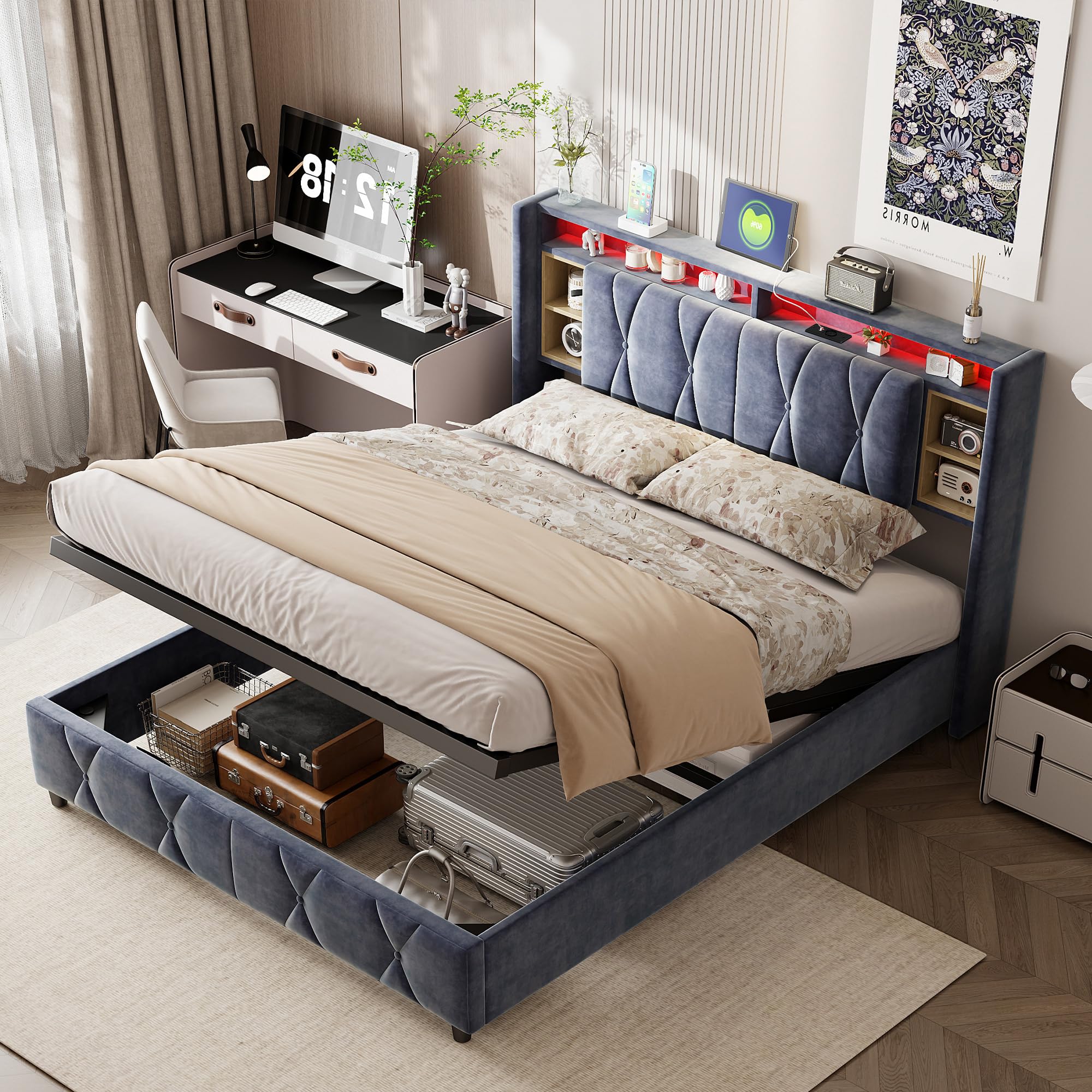 Lit double 160 x 200 cm, capitonné, avec fonction de charge LED et USB, coffre de rangement hydraulique, avec sommier à lattes, lit fonctionnel, dossier, gris, velours, sans matelas