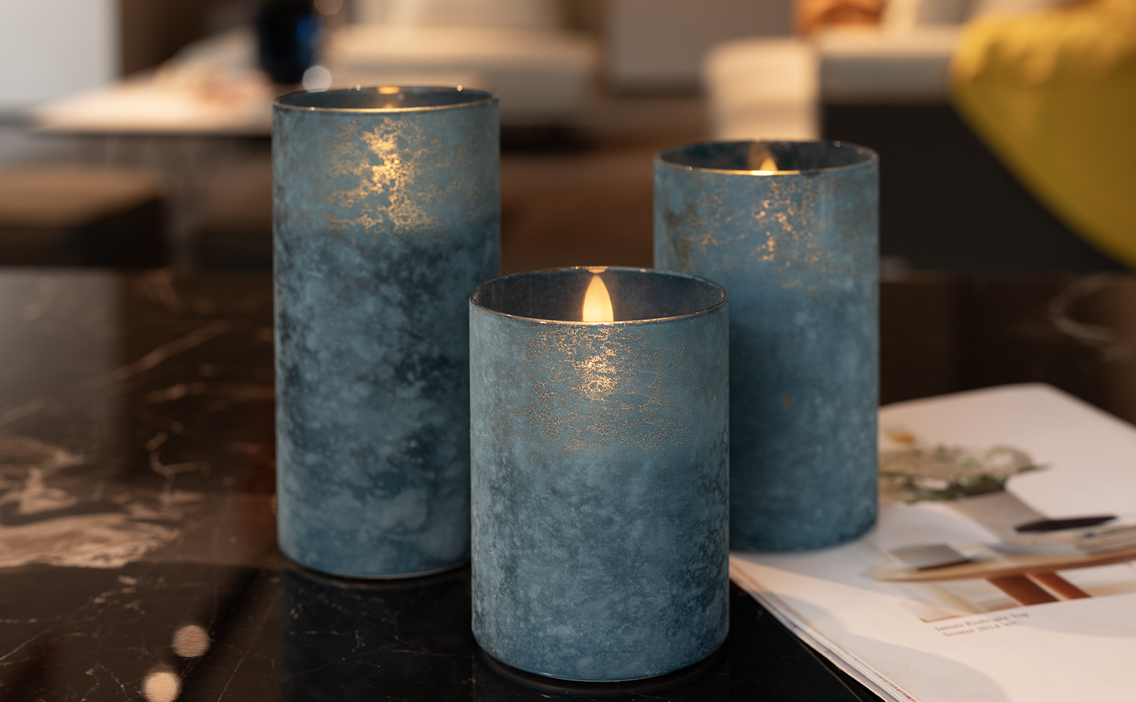 Image of Blue Battery Operated Candles Remote Timer Coastal Decor Set of 3 | Blue Sandblasted Glass, Warm White LED Glow, Real Wax, 10 Key Remote, 2 4 6 8 Hour Timer, 3 Sizes