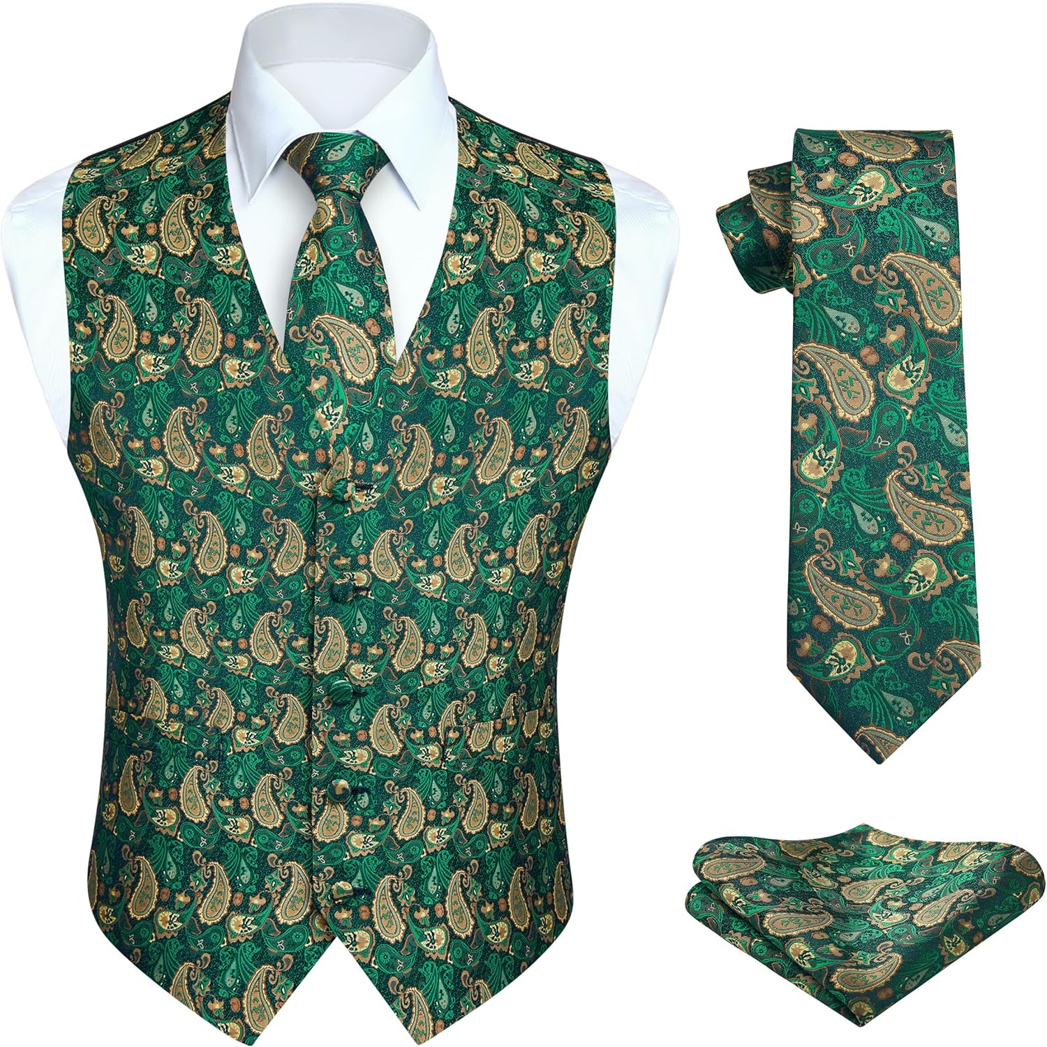 Enlision Mens Suit Vest Set 3PCS Paisley Tuxedo Vest & Tie Pocket Square for Wedding Prom Party Formal Business