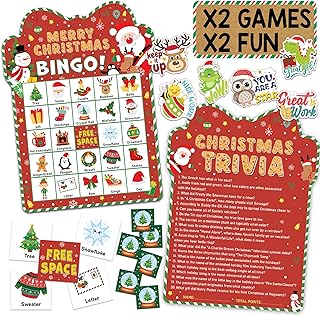 Christmas Bingo Game for Large Groups, 30 Player, Christmas Games for Adults, Family Party & Classroom, Fun Xmas Party Activities, Holiday Entertainment Games