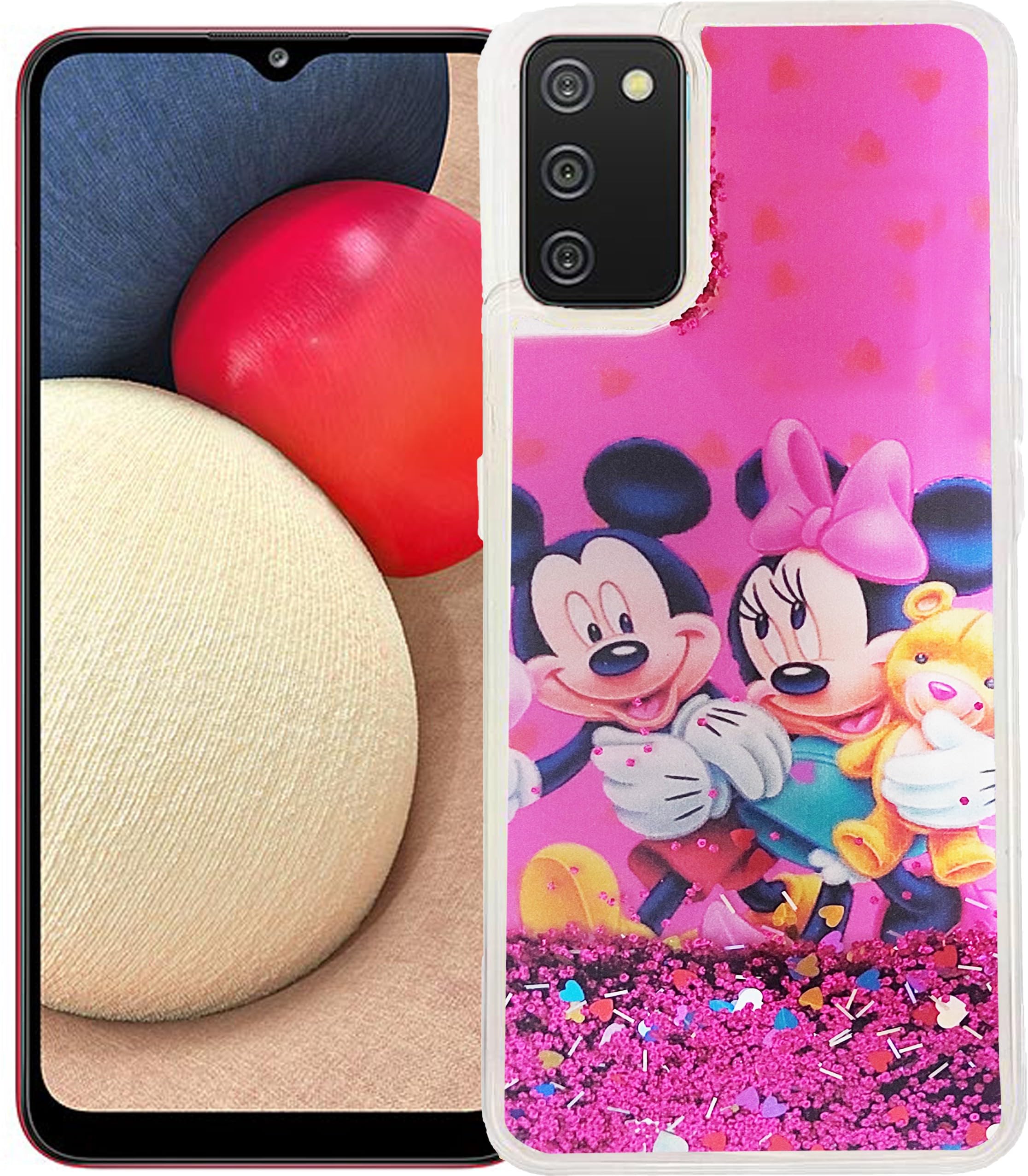 GBAKS Back Cover for Samsung A02S (Fully Glitter and Liquid with Printed Blue Cartoon in The Middle)