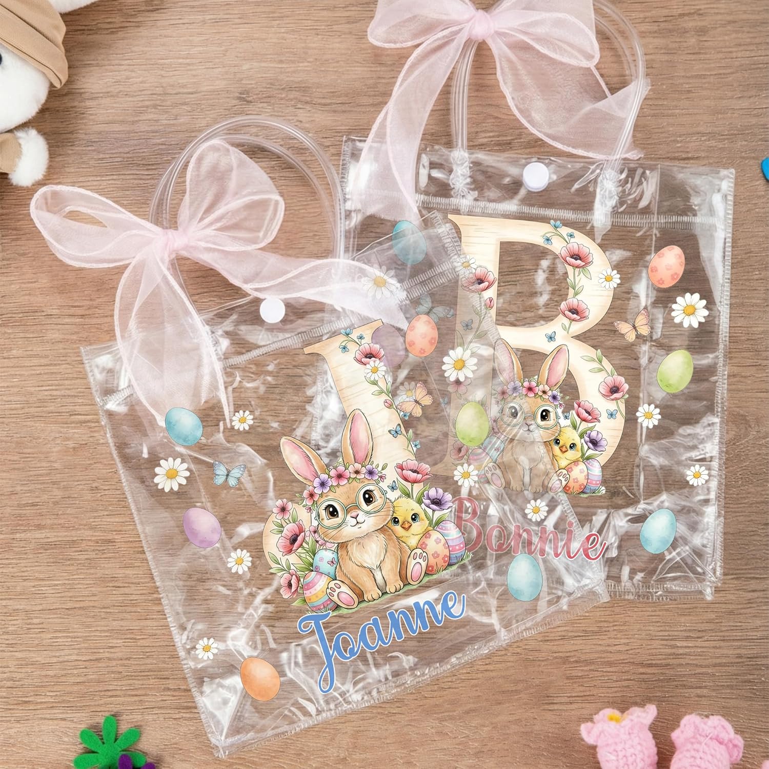 CALLIE Personalized Rabbit Chicks Easter Clear Gift Bag with Name and Initial, Custom Bunny Tote Bags Basket for Eggs, Party Favors Easter Birthday Gift for Kids, 7.87 × 7.87 × 3.15 Inch - Image 5