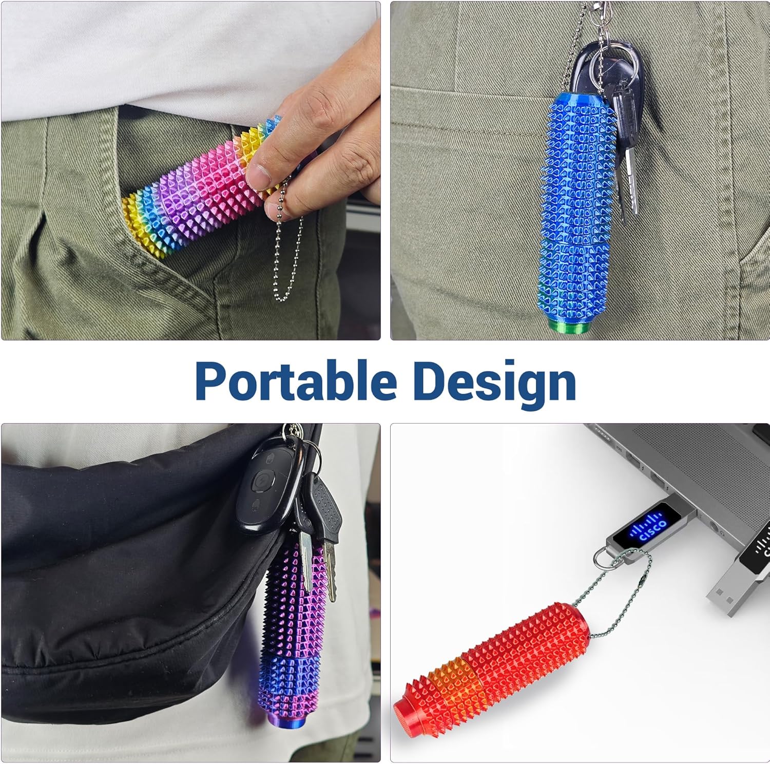 Button Click Spinner with Smooth Bearing, 3-in-1 Design of Little Ouchies Fidget, Pocket-Sized Mini Pain Stim Fidget Toy for Adults, Spiky Grippie Stim Keychain for Anxiety Relief