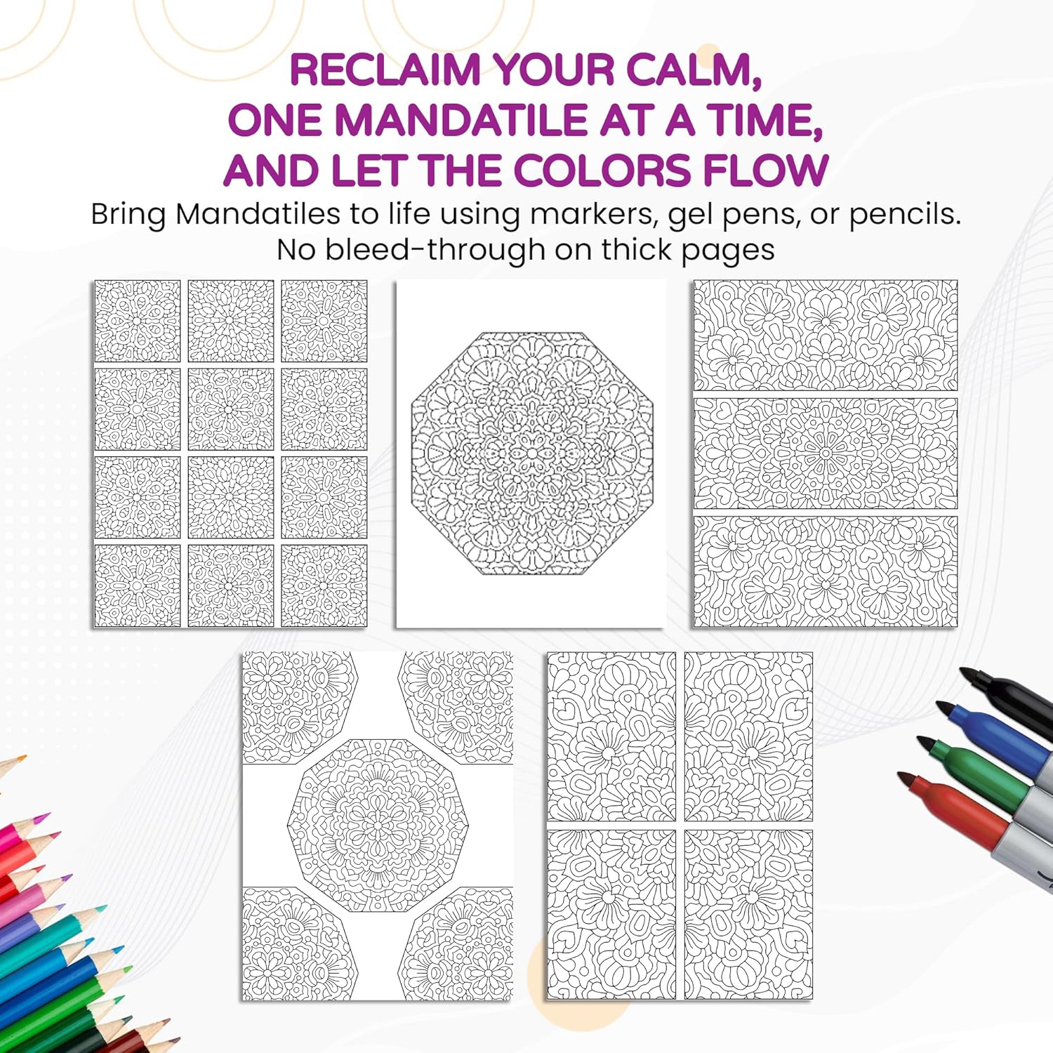 Mandatiles Coloring Book for Adults - 50 Unique Mandalas in Tiles for Relaxation, Stress Relief. Adult Coloring Book Spiral Bound, Single-Sided, Mindfulness Gifts for Women & Men