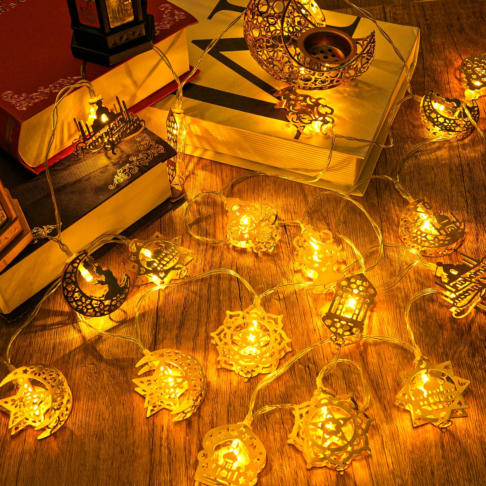 Dalugo 3M 20LED Battery Operated Ramadan Decorations String Lights, Eid Mubarak Metal Moon Star Lantern Fairy Lights for Home Mantle Window Ramadan Decor