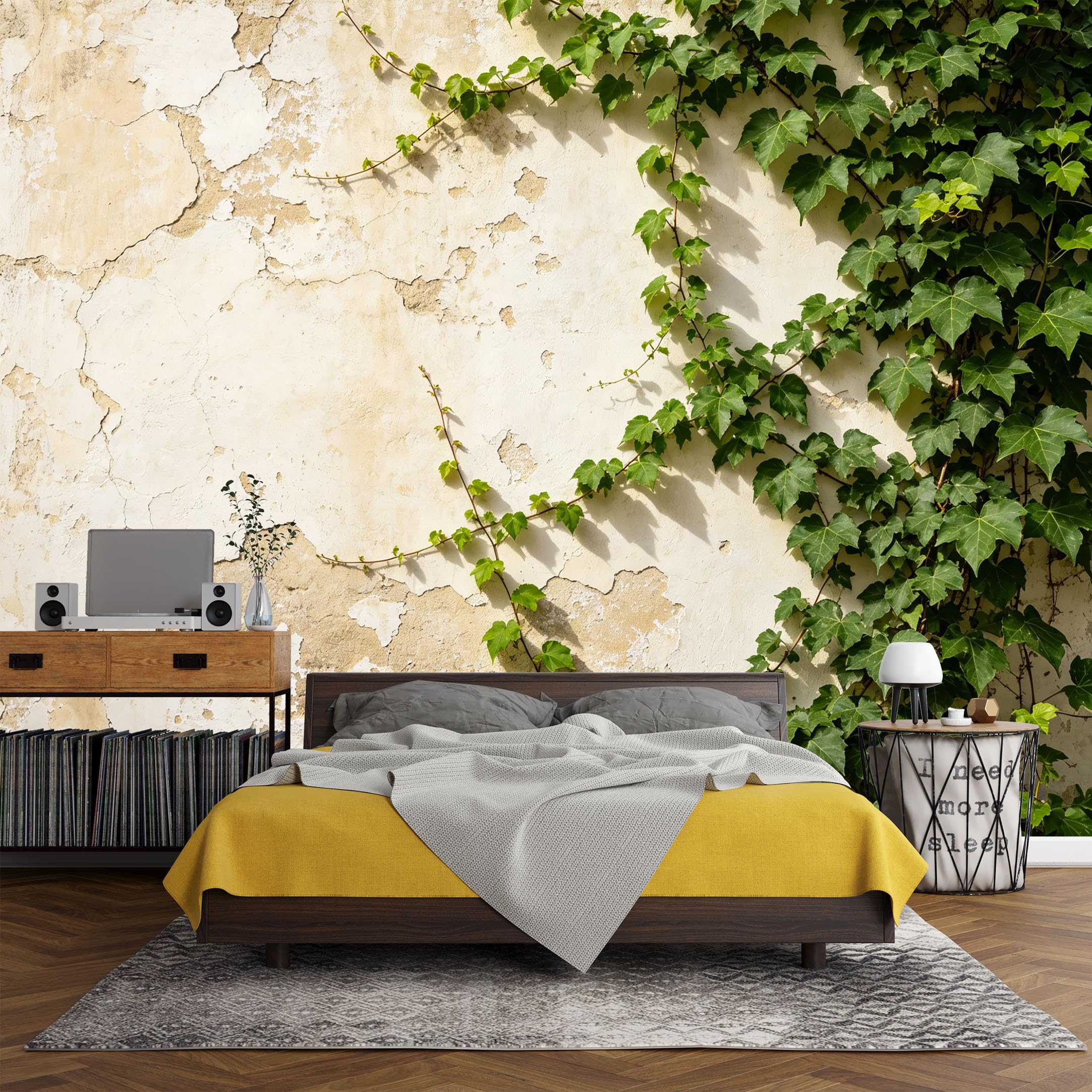 Custom Size Wall Mural， Vintage Botanical Ivy Green Leaves Rustic Plaster Texture，SelfAdhesive Art Prints wall Fabric (No PVC) Removable Wallpaper Living Room Decor