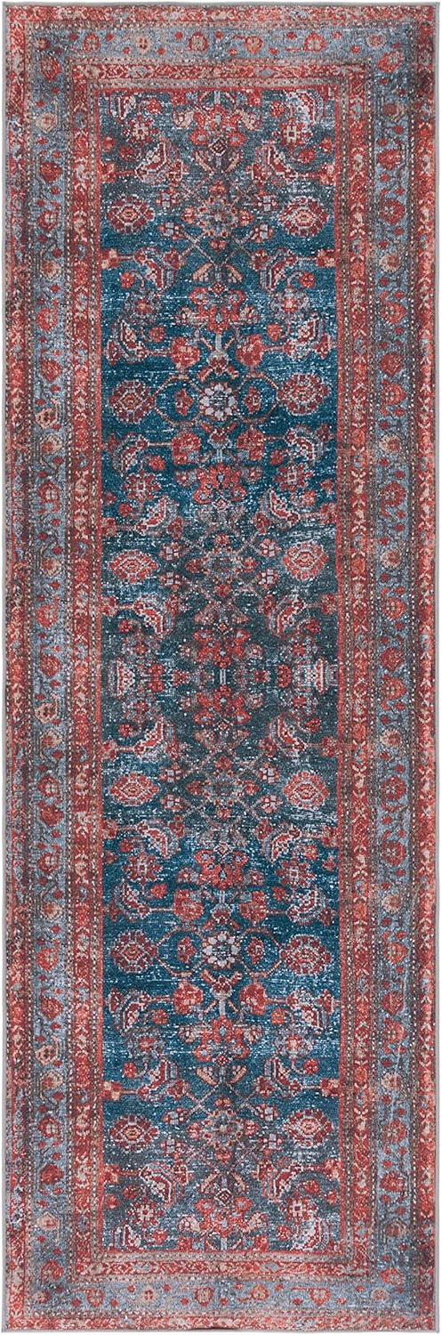 SAFAVIEH Washable Rug Tucson Collection - 2'6' x 8' Runner, Blue & Rust, Slip Resistant & Easy to Clean, Ideal for Hallway, Foyer, Entryway, Bedroom (TSN183M)