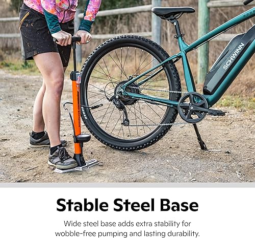 Miniatura 3 de Schwinn Serie Air Center o bomba de piso básica, para una gama de bicicletas, 100, 120 o 160 PSI, mango de agarre suave, cabezal doble para válvulas