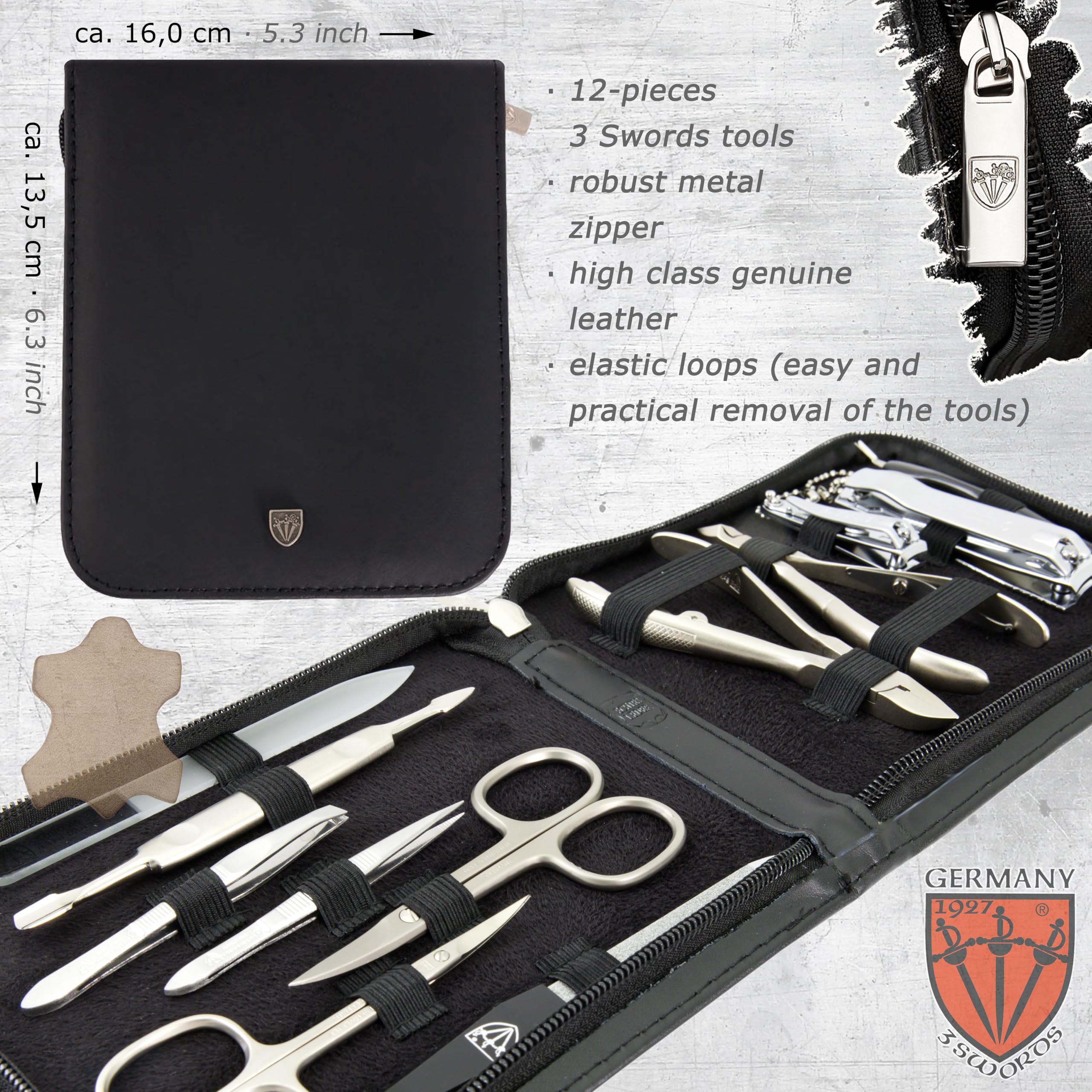 3 Swords Germany - Kit de manucure et pédicure de qualité supérieure pour soins professionnels des ongles des doigts et des orteils avec étui en cuir véritable noir - Fabriqué en Allemagne
