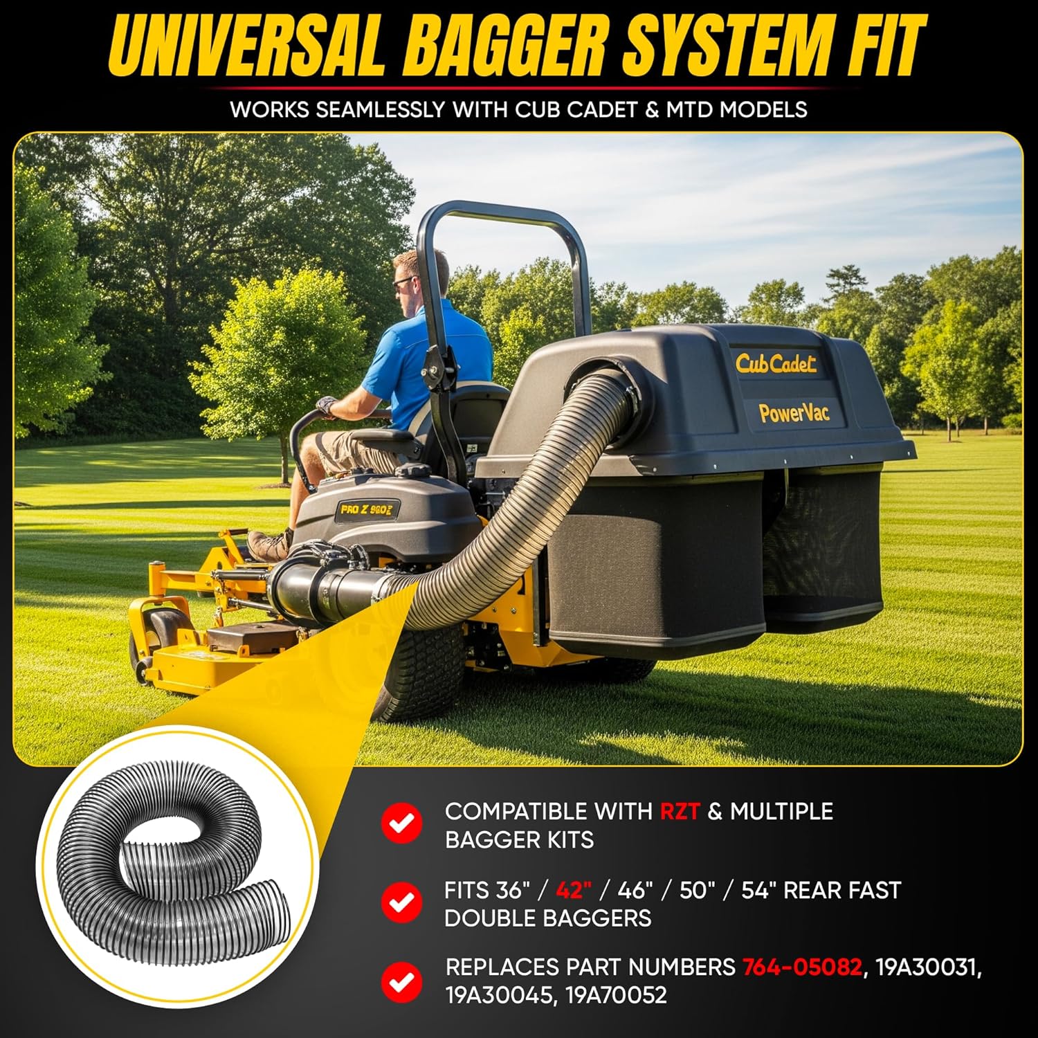 764-05082 Bagger Flex Hose 47" Length (Maximum Elongation) by 8" Wide Replacement MTD CUB RZT CADET Riding Mower Leaf Vac Hose Bagger 36" 42" 46" 50" 54" Rear Fast Double Bagger Kit 76405082