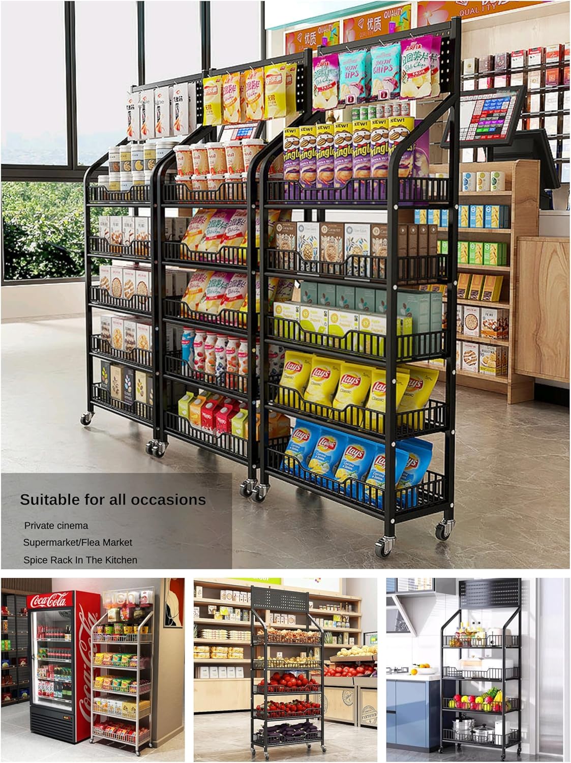 Snack Rack Display Stand – Heavy-Duty Retail Cart with Adjustable Shelves, High Load-Bearing Capacity, Smooth Rolling Wheels - Ideal for Supermarket Use (Black, 5 Tier)