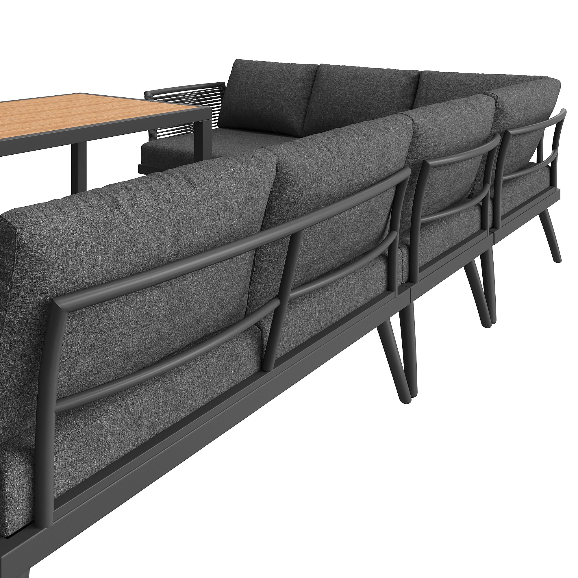 Moimhear Juego de sofá de jardín en forma de L de Siebenpersonen con reposabrazos trenzados, muebles de esquina de hierro resistentes a la intemperie, incluye mesa de centro de madera y sillón, con