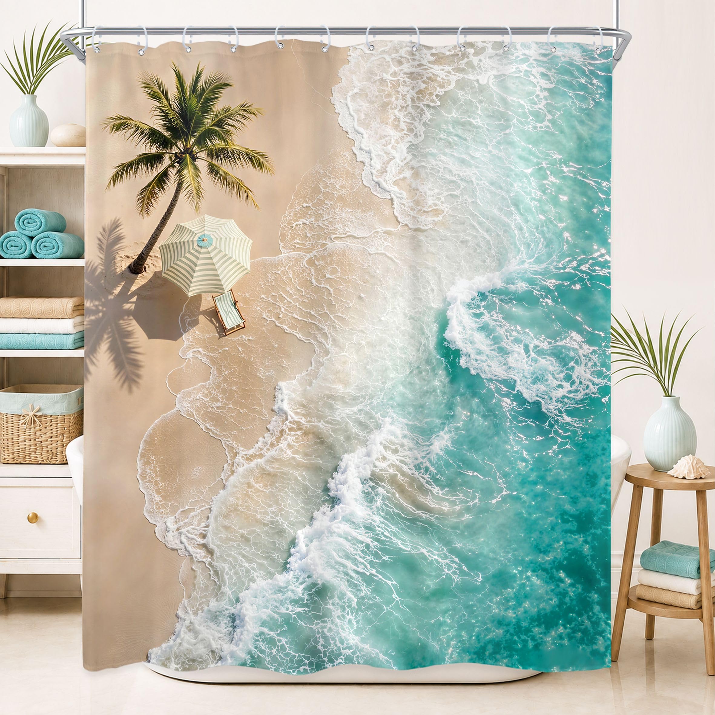 Beach Ocean Shower Curtain Set Tropical Summer Landscape Art Bathroom Decor — image 1