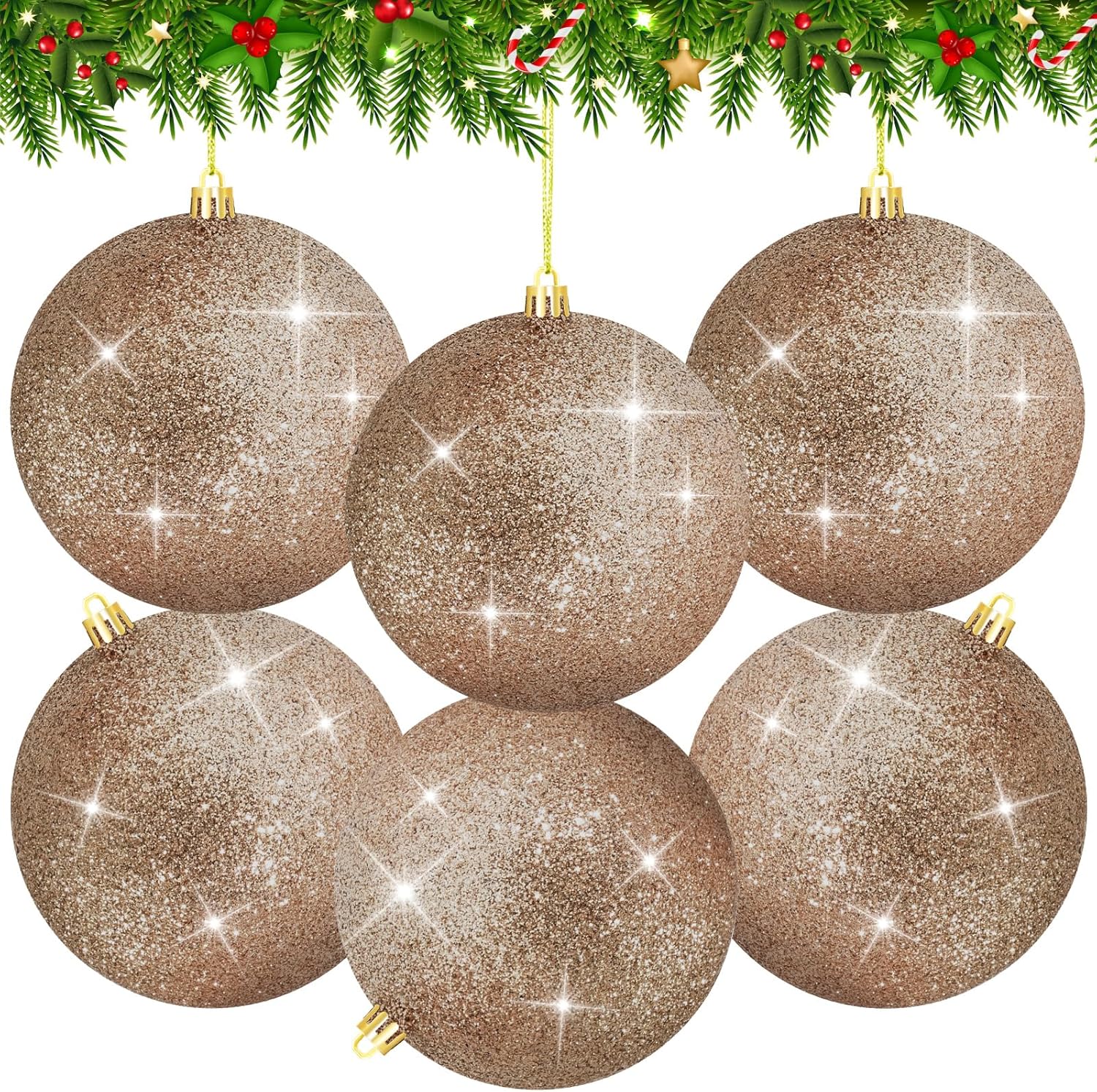 6Pack 4inch Large Christmas Balls Christmas Tree Decoration Ornaments Shatterproof Glitter Christmas Hanging Balls for Christmas Tree Party Indoor Outdoor Decoration(Champagne Gold, 4inch-6pcs) 4inch-6pcs Champagne Gold