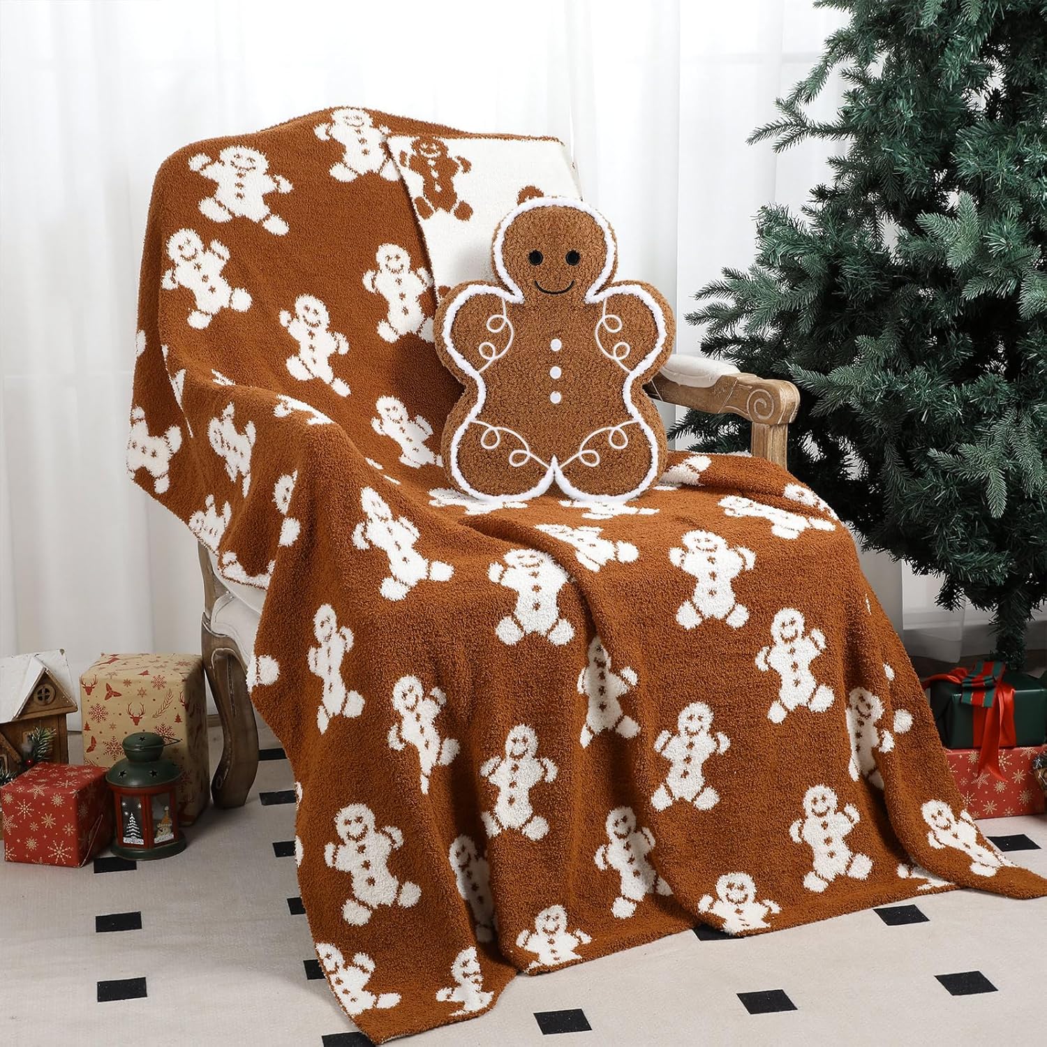 Christmas Gingerbread Man Throw Blankets Pillow Set Include Double Sided Flannel Blanket 50 x 60 Inch and Gingerbread Man Plush Throw Pillows Cushion for Home Family Couch Sofa Bed Decorations