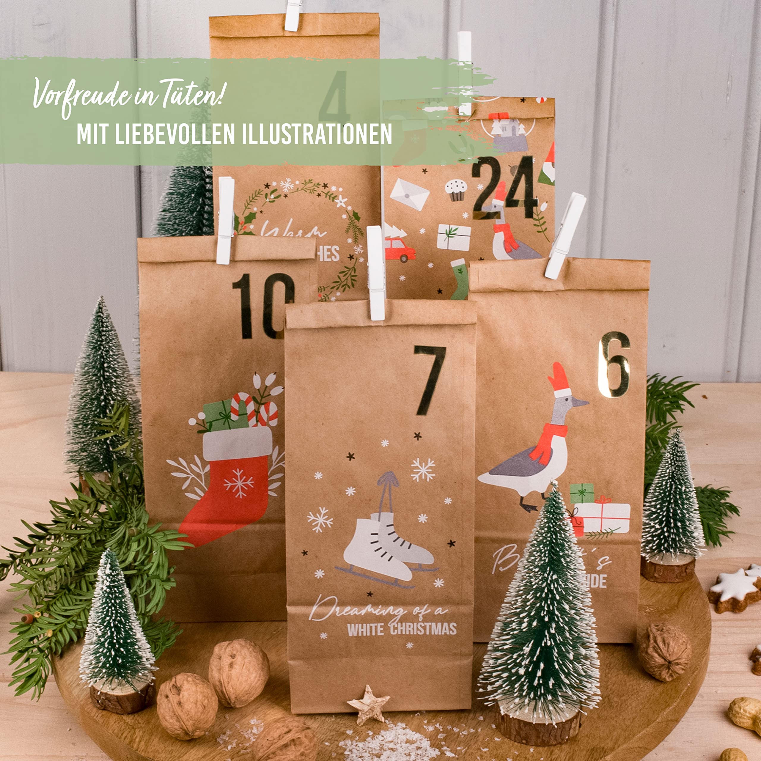 Papierdrachen 24 sacchetti di stoffa del calendario dell'Avvento da riempire - con numeri di legno dorati - da decorare da soli - sacchetti regalo - animali della foresta ricamati set no 27