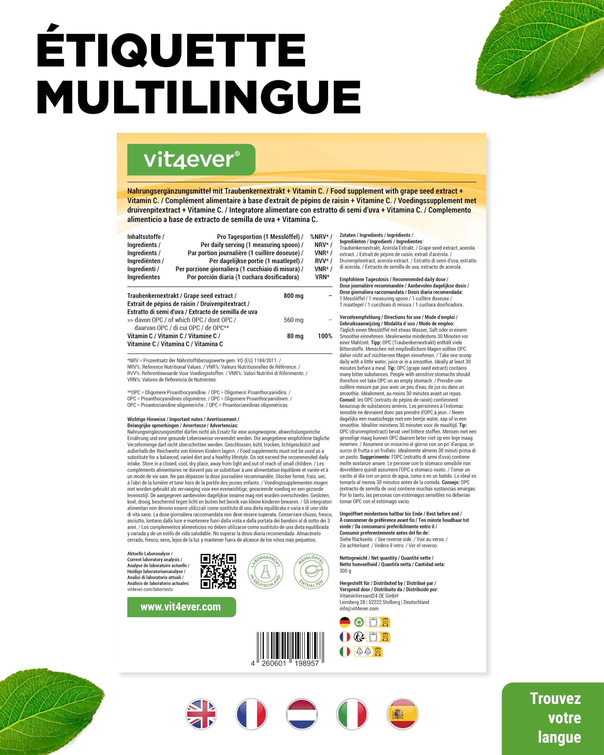 Extrait de pépins de raisin OPC + vitamine C - 300g de poudre - Pure OPC de raisins européens - Teneur en OPC de 70% selon la méthode HPLC (95% selon Bate-Smith) - Avec vitamine C naturelle - Vegan