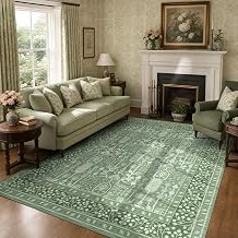 Deerly 5x7 Thin Area Rugs Living Room, Low Pile Soft Rugs with Non-Slip Backing Machine Washable Vinatge Boho Carpet for Bedroom Playroom Nurseryroom, Kid & Pet Friendly Print Floor Green Rug 5x7ft