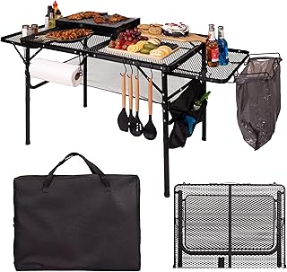 Folding Table w/ Carry Bag, Paper Towel Holder, Garbage Holder, Wing Panels, 3x2 FT Foldable Table for Portable Grill, Picnic, Outdoor, Beach, Small Folding Table Adjustable Height,Camping Table, BBQ
