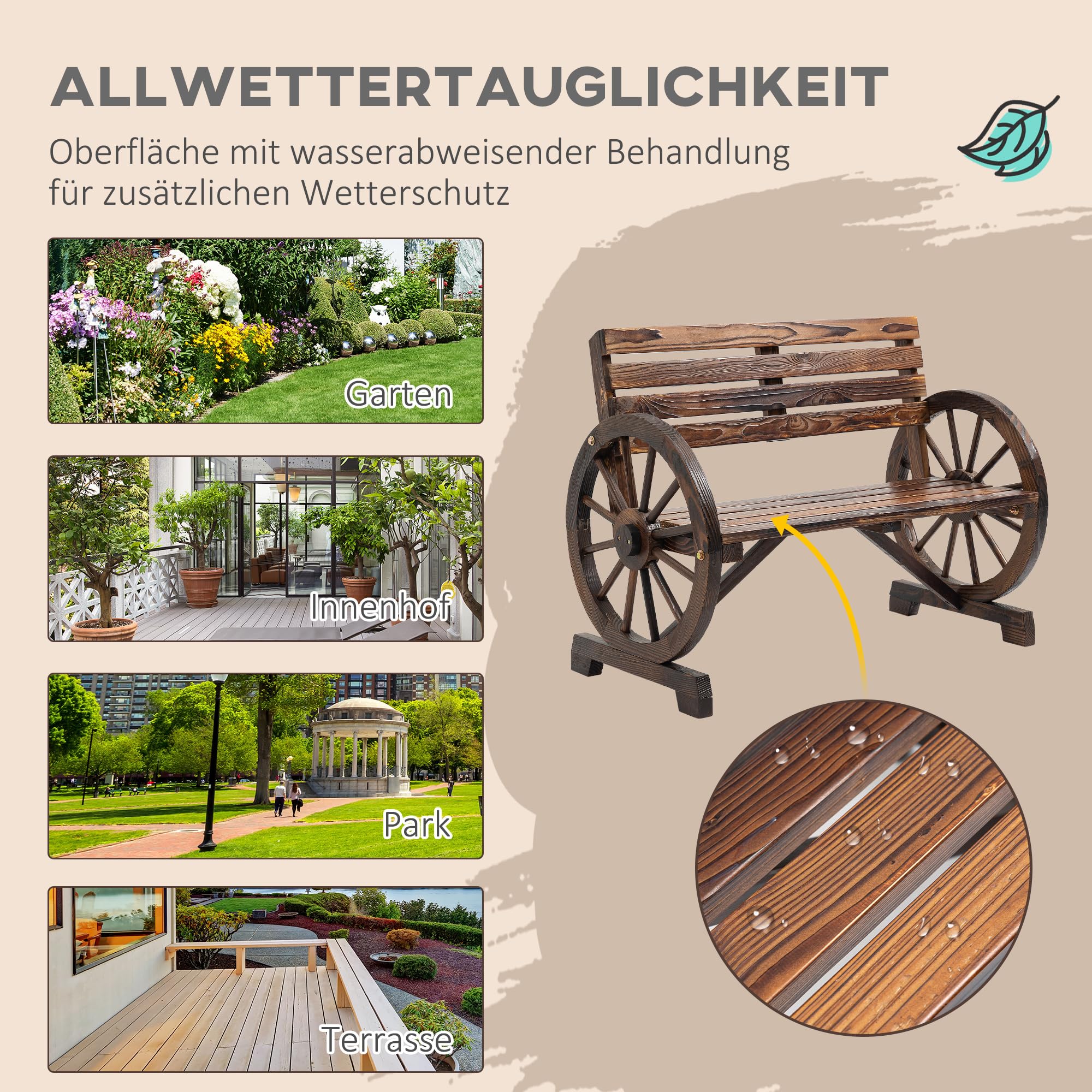 Outsunny 2-Sitzer Gartenbank, wetterfest Sitzbank, Gartenmöbel mit Rücken, Armlehnen im Rädernform Parkbank 240kg belastbar, Balkonbank, Holzbank für Balkon, Garten, 105,5 x 56 x 79 cm, Braun