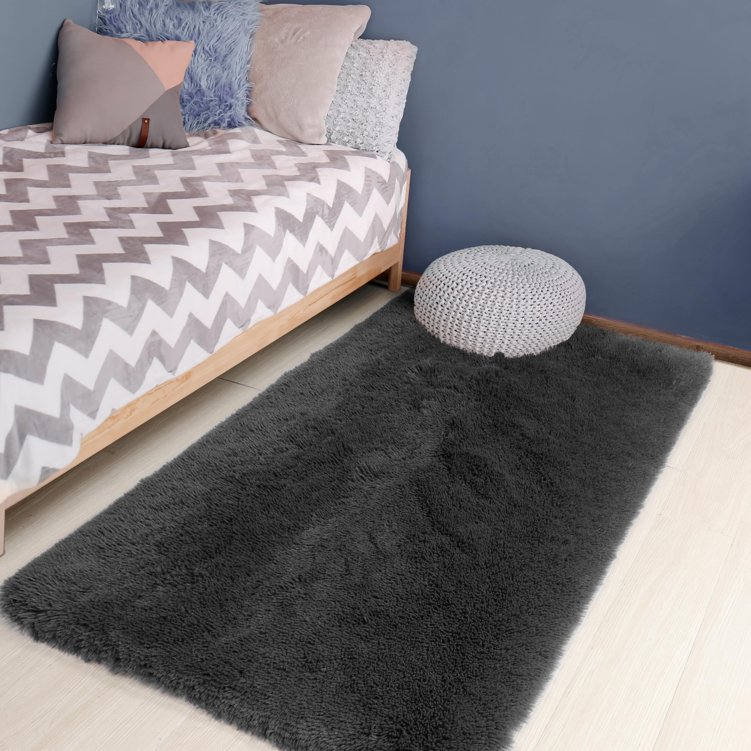 Amdrebio Dark Grey Runner Rug for Bedroom, Fluffy Furry Area Rug for Living Room, Modern Shag Indoor Rug for Kids Room, Shaggy Fuzzy Carpet for Men Boy, Plush Throw Rug for Dorm Classroom, 3x5