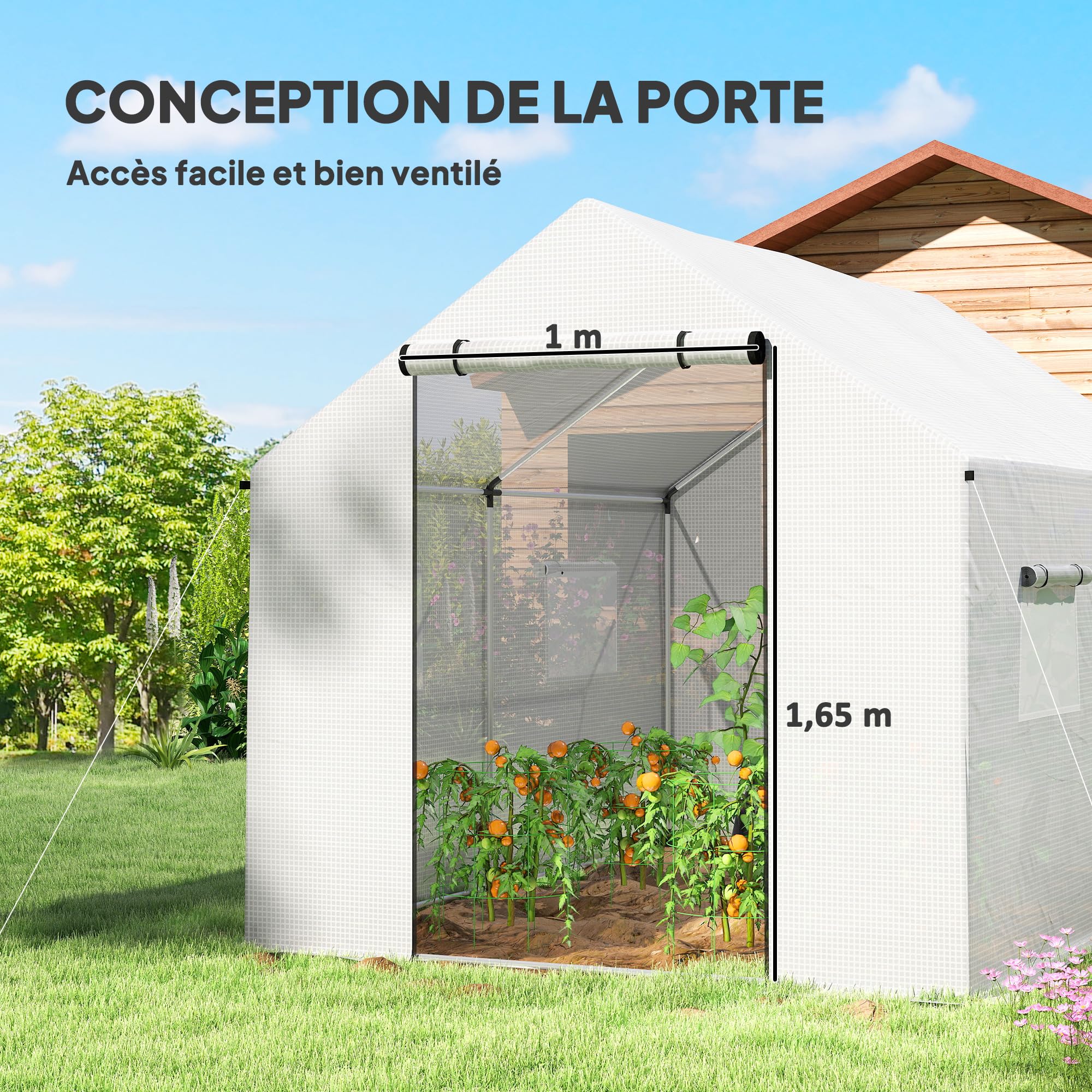 Outsunny Serre de Jardin Tunnel 2 x 3m, 6m² avec Porte Enroulable, 4 fenêtres, - Acier galvanisé PE Haute densité Blanc