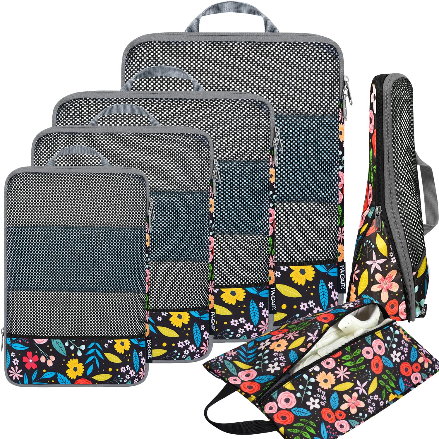 BAGAIL 4 Set/6 Set/8 Set Compression Packing Cubes Travel Accessories Expandable Packing Organizers (Half Mesh, 6-Black Floral)