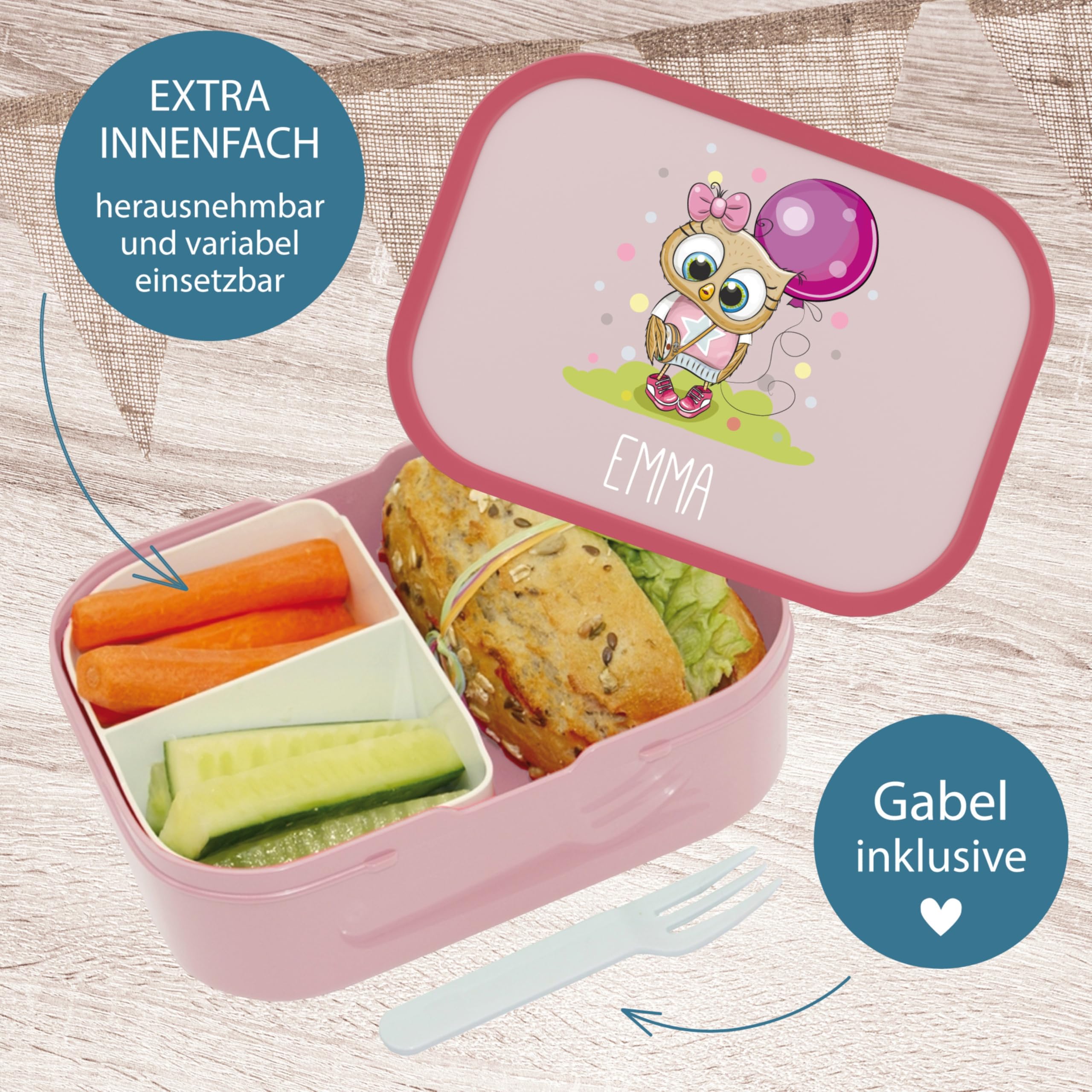 4ou Design Mepal Set Brotdose & Trinkflasche personalisiert mit Namen – Eule Bunt – Auslaufsicher, Bento Einsatz rausnehmbar, inkl. Snackgabel – BPA frei – Geschenk für Kinder (Cool Pink)