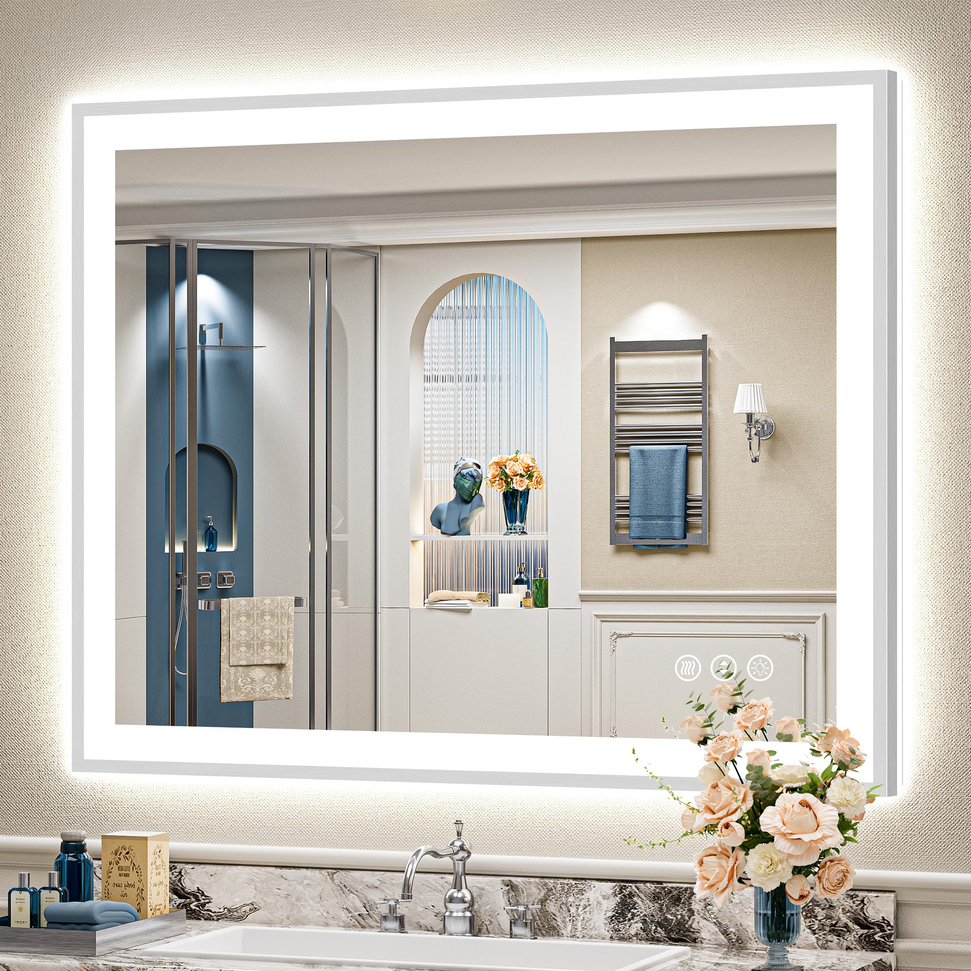 44x36 Inch Brushed Nickel LED Bathroom Mirror, Backlit &amp; Front-Lit | Silver Framed Lighted Vanity Mirror, Dimmable, 3-Color Light, Memory, CRI95, Tempered Glass, UL Listed, Horizontal/Vertical