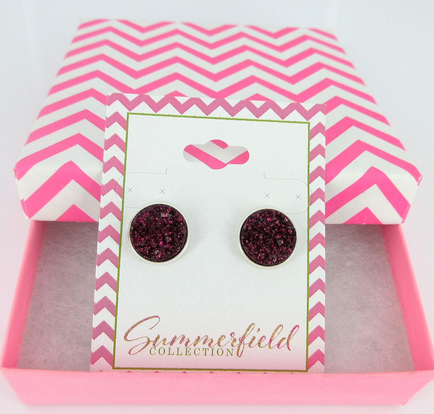 Silver-tone Maroon with Pink Glitter Faux Druzy Stone Stud Earrings - Image 2