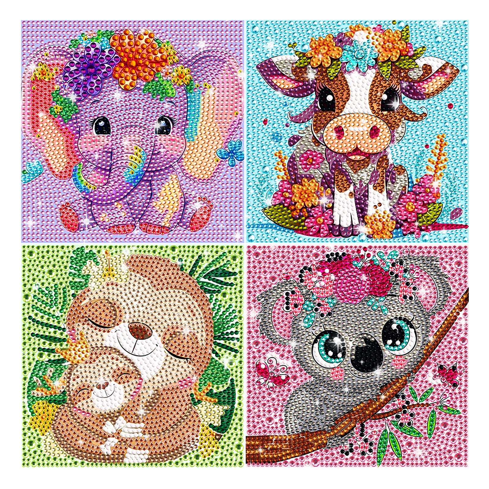4 Piezas Diamond Painting Niños Kit Completo, DIY Pintura de Diamantes Niños, Cuadros Diamantes 5D para Niñas y Adultos Principiantes, Dibujos con Diamantes para Casa Decoración (Animal)