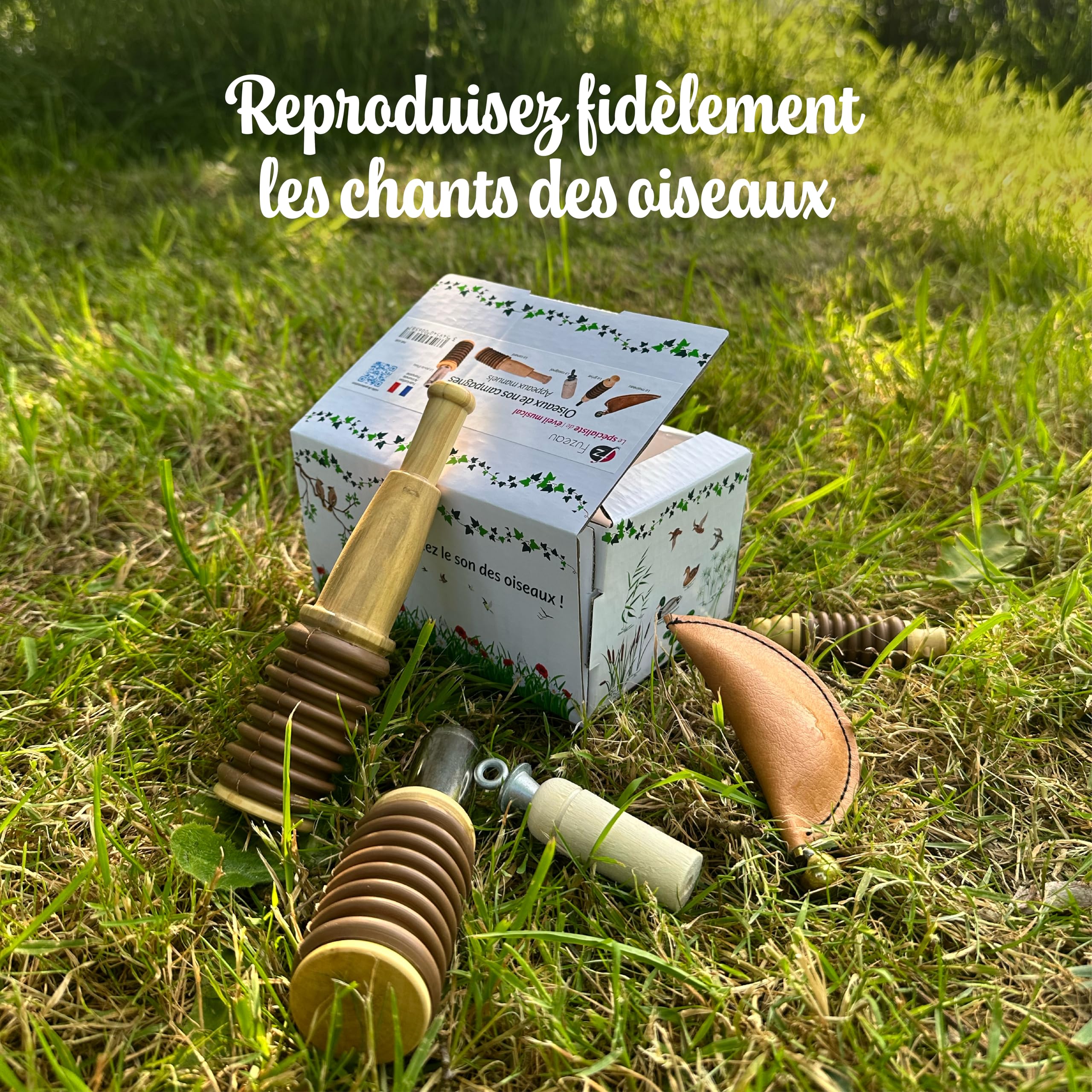 Fuzeau Coffret 5 Appeaux Manuels Bois Naturel Buis Hêtre Vernis Alimentaire Sons d’Oiseaux Poule d’Eau Grive Moineau Rossignol Canard