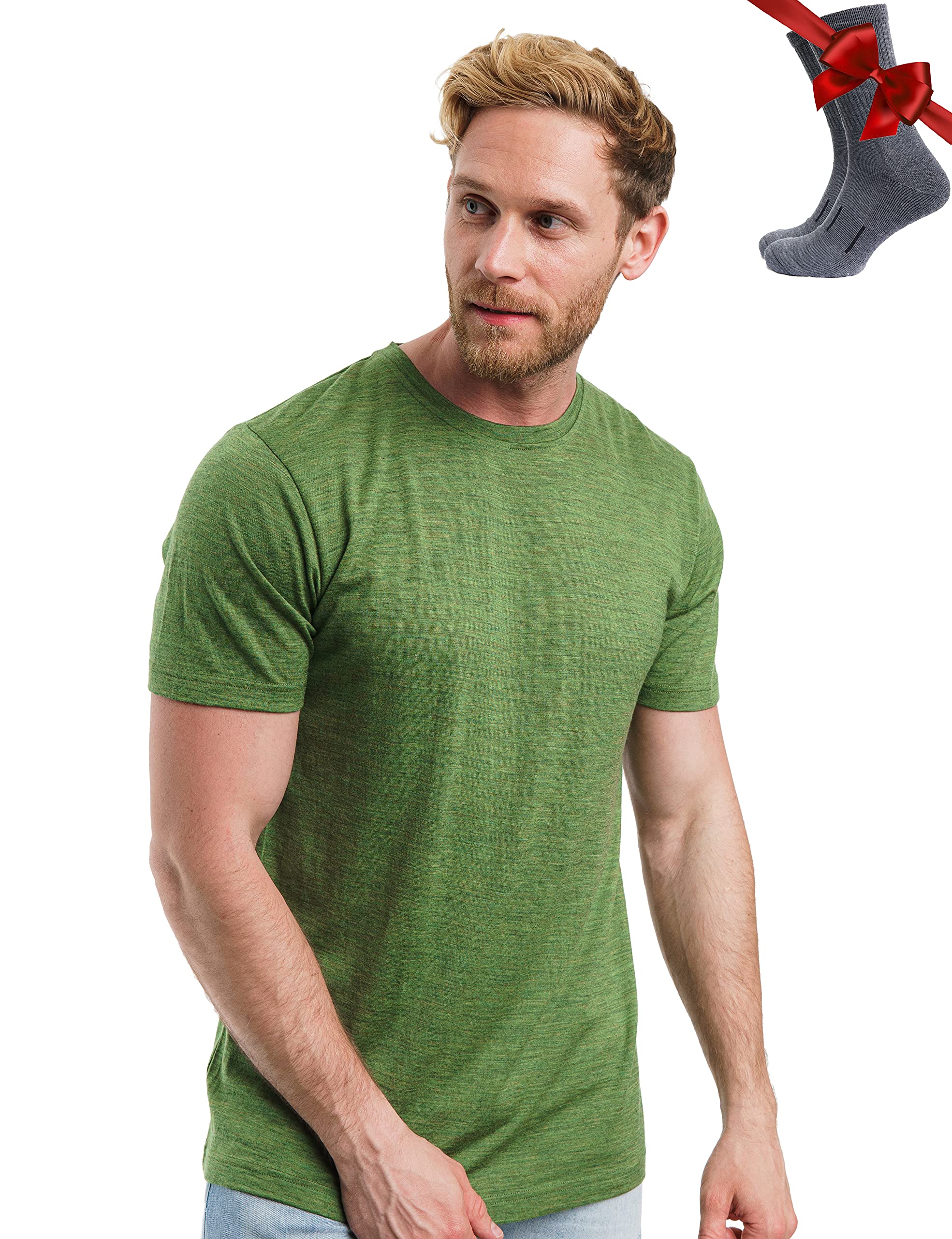 Merino.tech Men's Olive Grove Merino Wool T Shirt - Merino Wool Base Layer Undershirt Lightweight + Hiking Socks (, XX-Large)