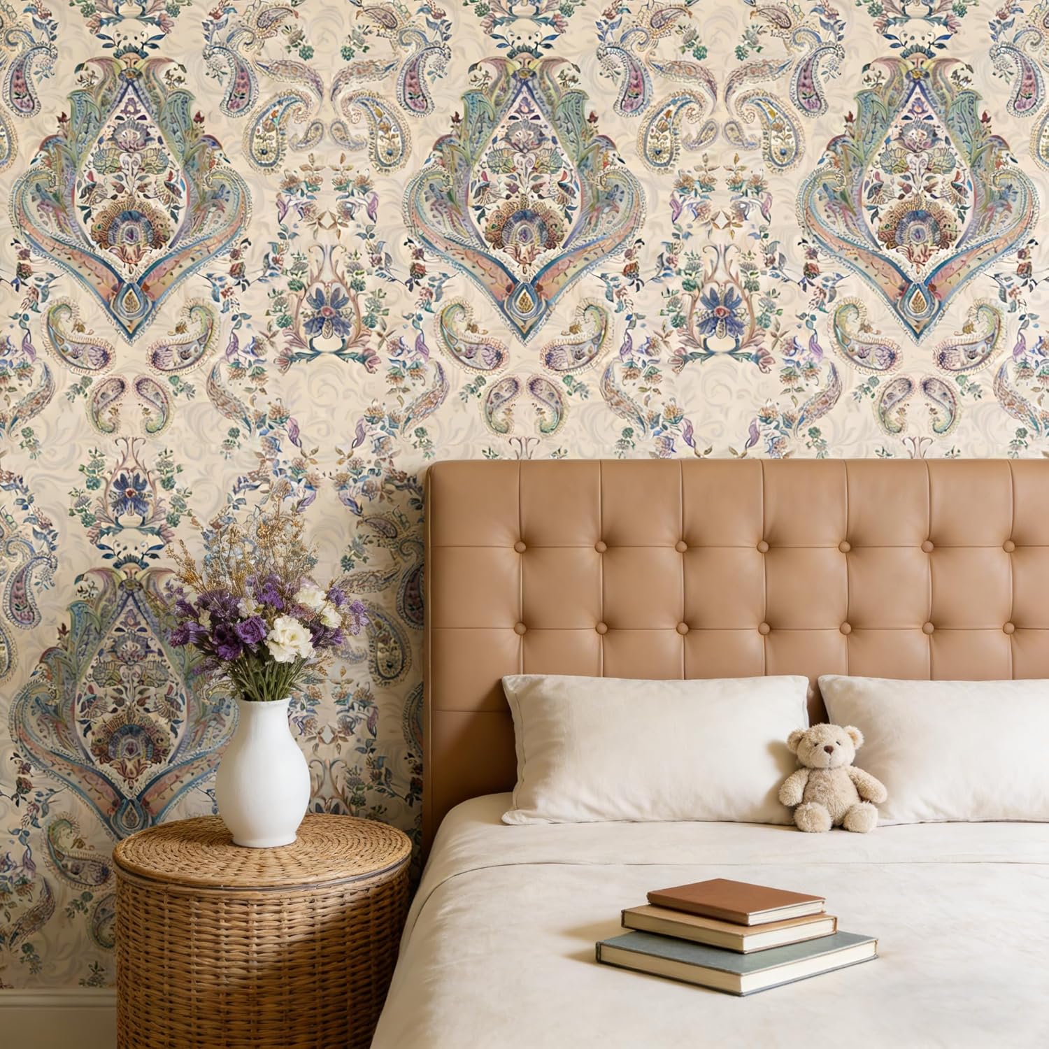 Vintage French Damask Peel and Stick Wallpaper Beige/Blue/Light Green Thickened Removable Self Adhesive Wall Paper Design for Walls Bathroom Bedroom Home Decor 17.7in x 118in Renter Friendly Wallpaper