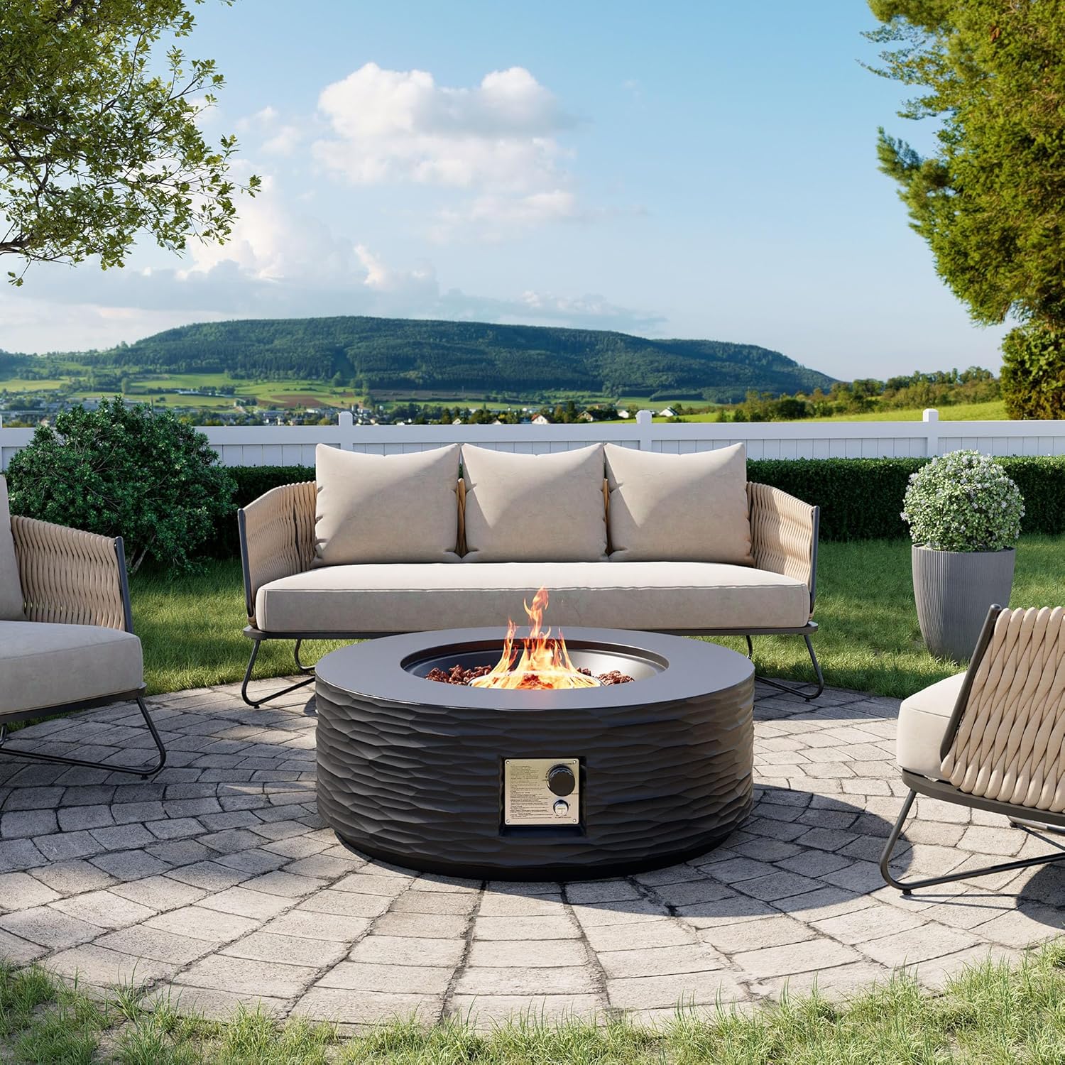 Cosiest Propane Fire Pit for Outside, 35 in Round Gas Fire Pits for Outdoor Patio, Certified, 50000 BTU Concrete Rectangle Base with Rain Cover, Free Lava Rocks