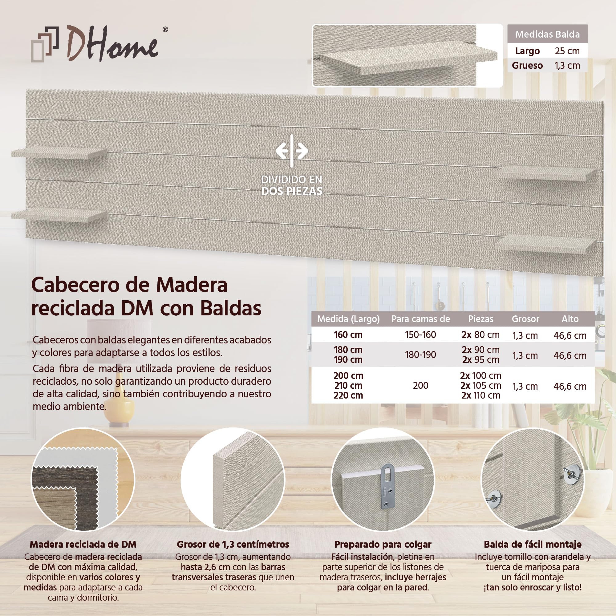 DHOME Cabecero de Madera Reciclada DM con Estantes Estilo Palet Mesita de Noche Baldas Cama Nordico Herrajes incluidos (Palet Horizontal, Espigas Beige, 210cm)